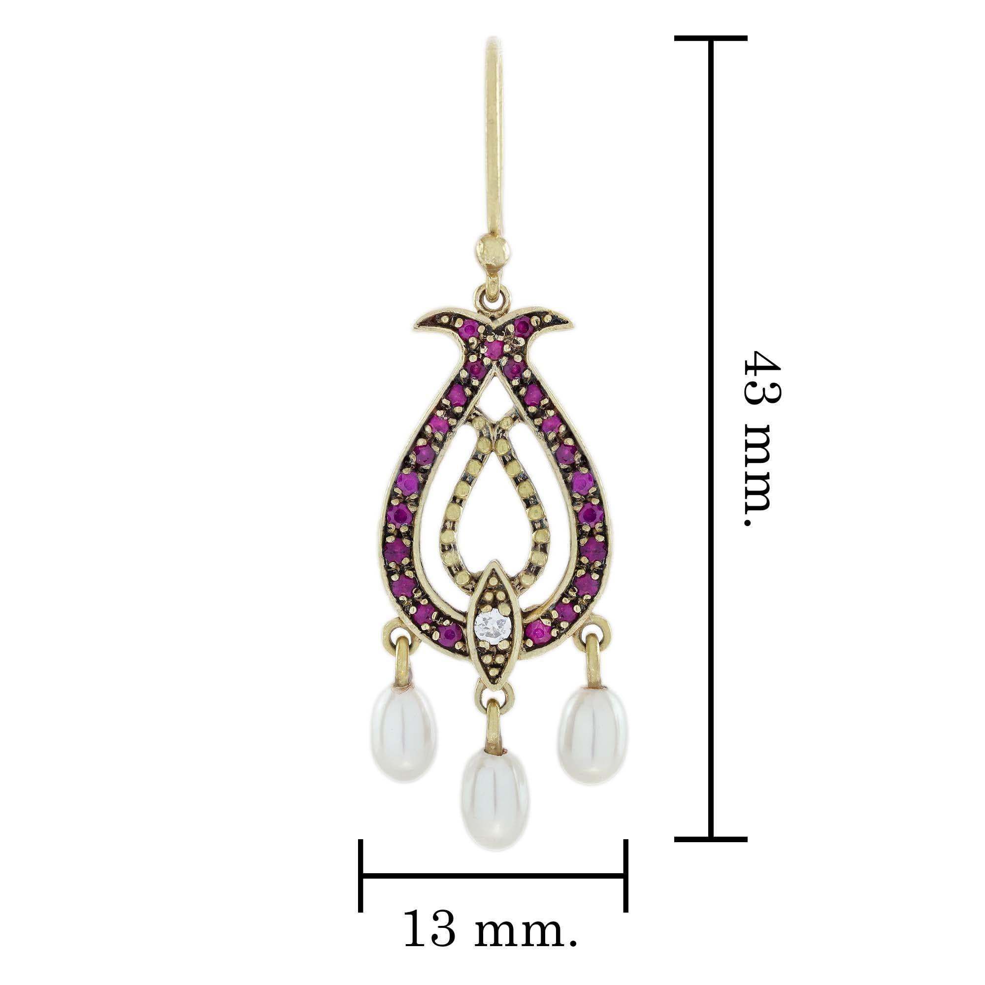 Natural Pearl Ruby Diamond Vintage Style Floral Earrings in Solid 9K Gold In New Condition For Sale In Bangkok, TH