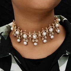 Sea Pearl & 18.30 Carat Natural Diamond Lattice Choker Necklace 18K Yellow Gold