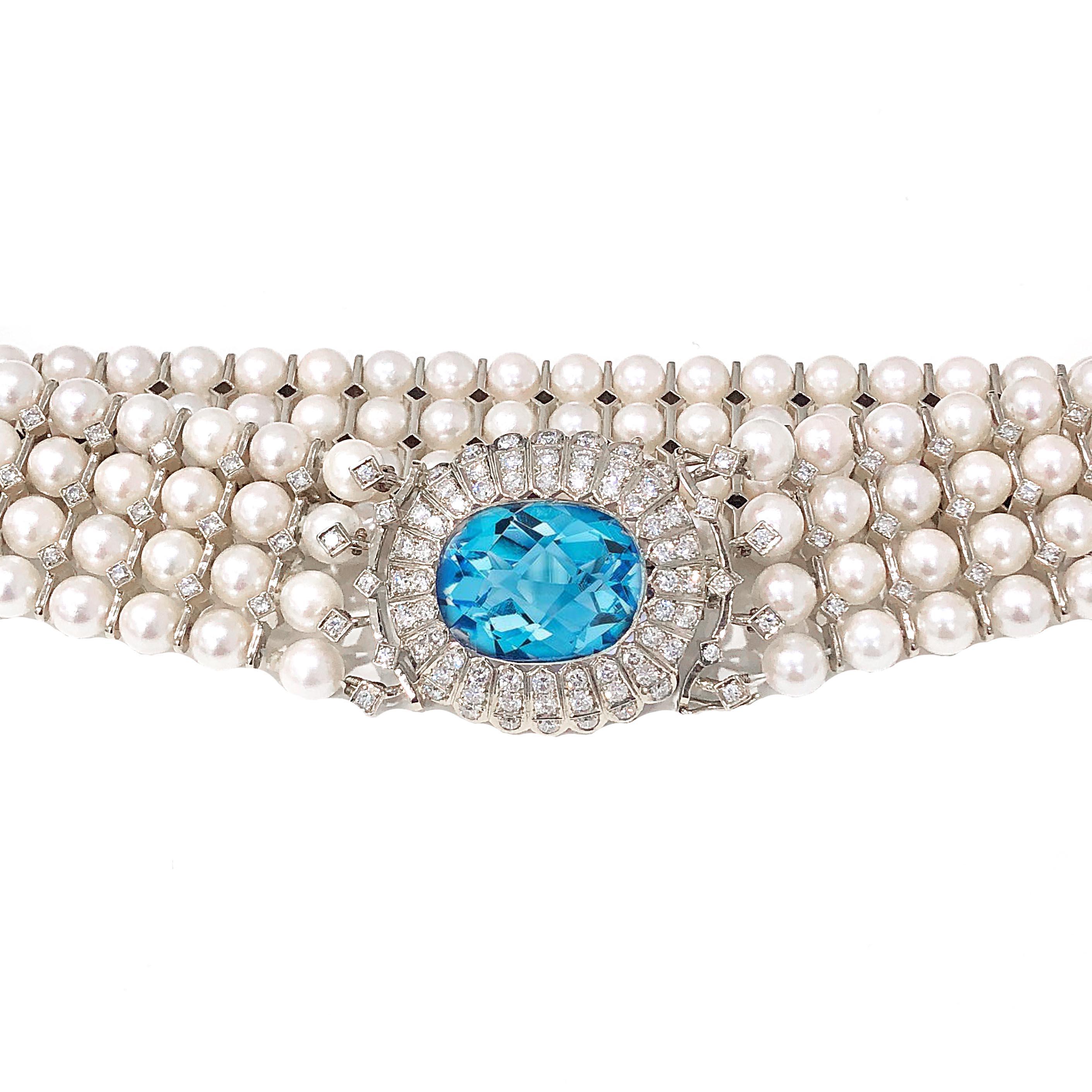 Choker-Halskette und -Armband aus Perlen und Diamanten, Topas in der Mitte (Art déco) im Angebot