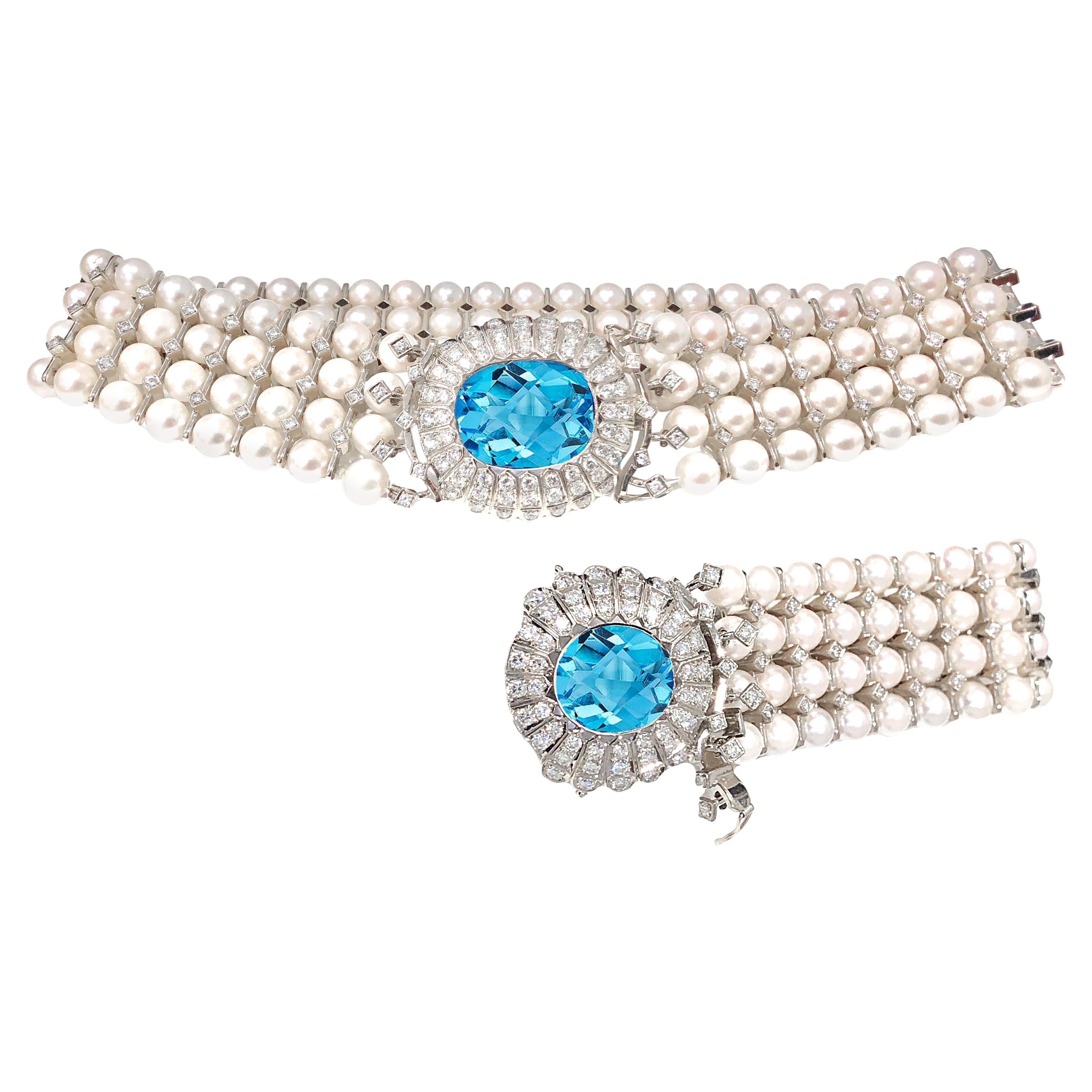 Pearl and Diamond Choker Necklace and Bracelet Set, Topaz Center
