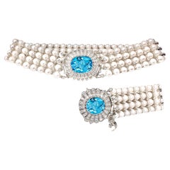 Ensemble collier et bracelet ras du cou en perles et diamants, centre en topaze
