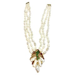 Natural Pearl Trio Strand Necklace with Emerald, Ruby, and Diamonds