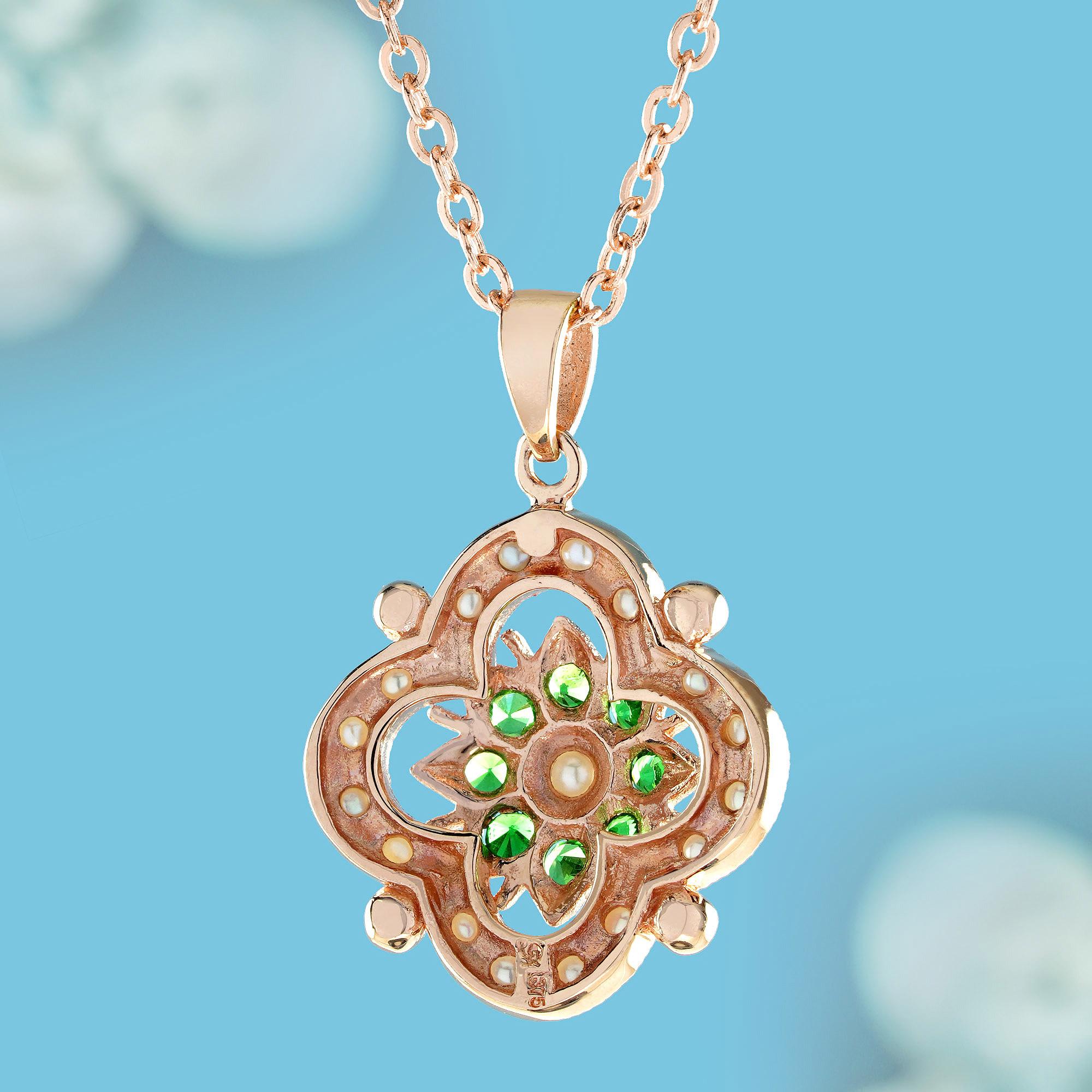 Round Cut Natural Pearl Tsavorite Vintage Style Pendant in Solid 9K Rose Gold  For Sale