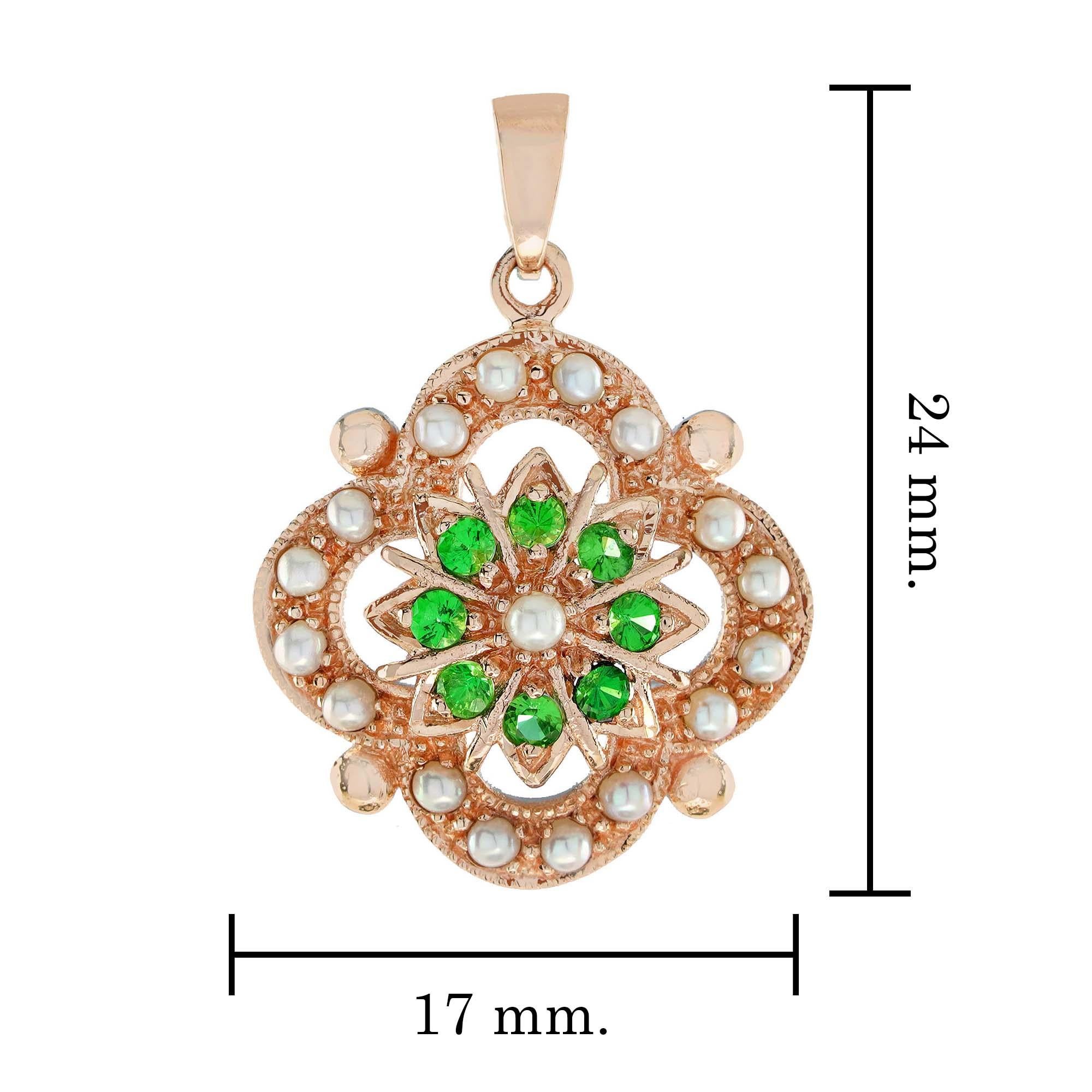 Natural Pearl Tsavorite Vintage Style Pendant in Solid 9K Rose Gold  In New Condition For Sale In Bangkok, TH