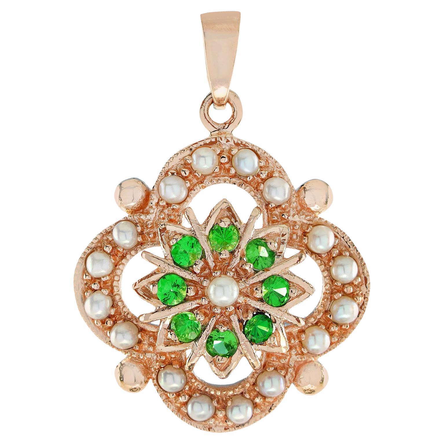 Natural Pearl Tsavorite Vintage Style Pendant in Solid 9K Rose Gold 