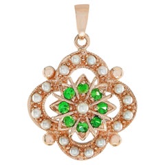 Natürliche Perle Tsavorit Vintage Style Anhänger in massivem 9K Rose Gold