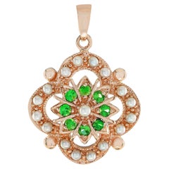 Natural Pearl Tsavorite Vintage Style Pendant in Solid 9K Rose Gold 