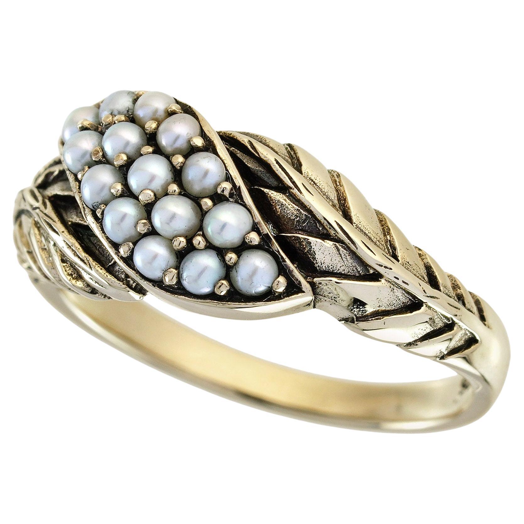 Natural Pearl Vintage Style Cluster Ring in Solid 9K Yellow Gold