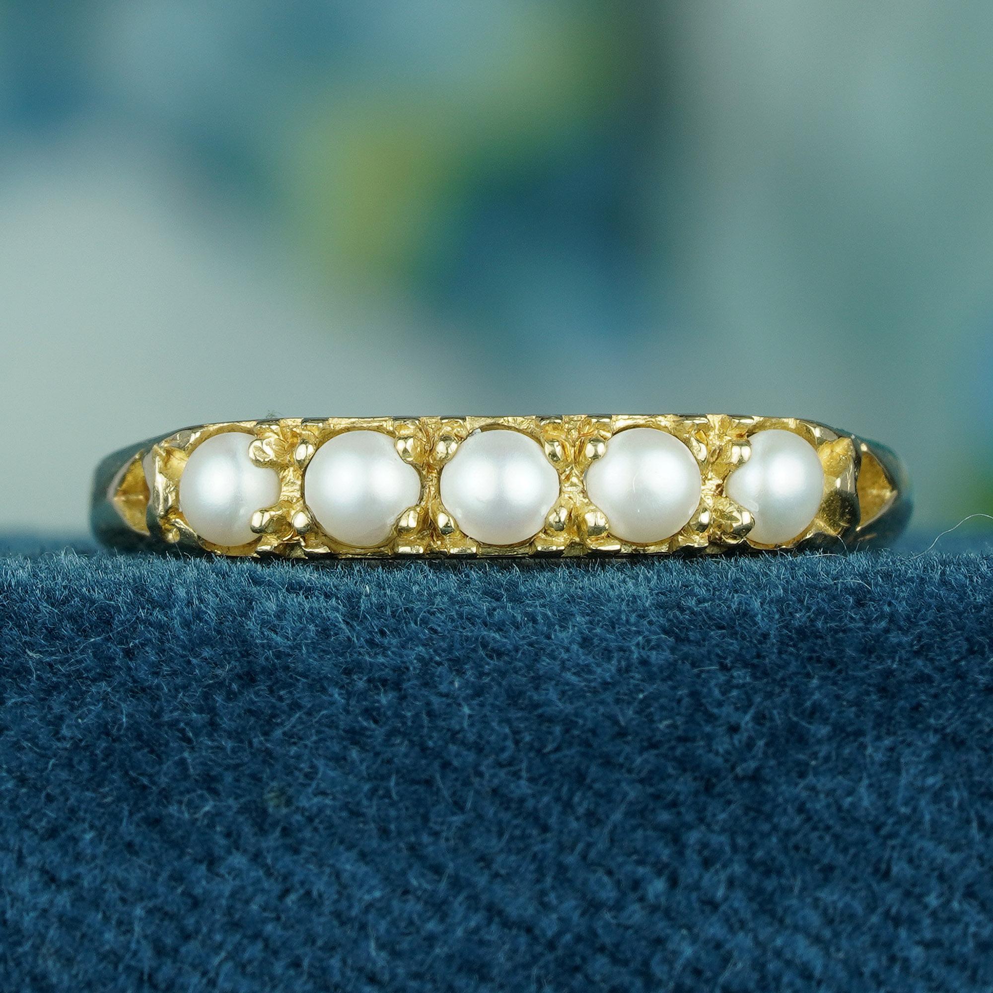 Victorian Natural Pearl Vintage Style Five Stone Ring in Solid 9K Yellow Gold For Sale