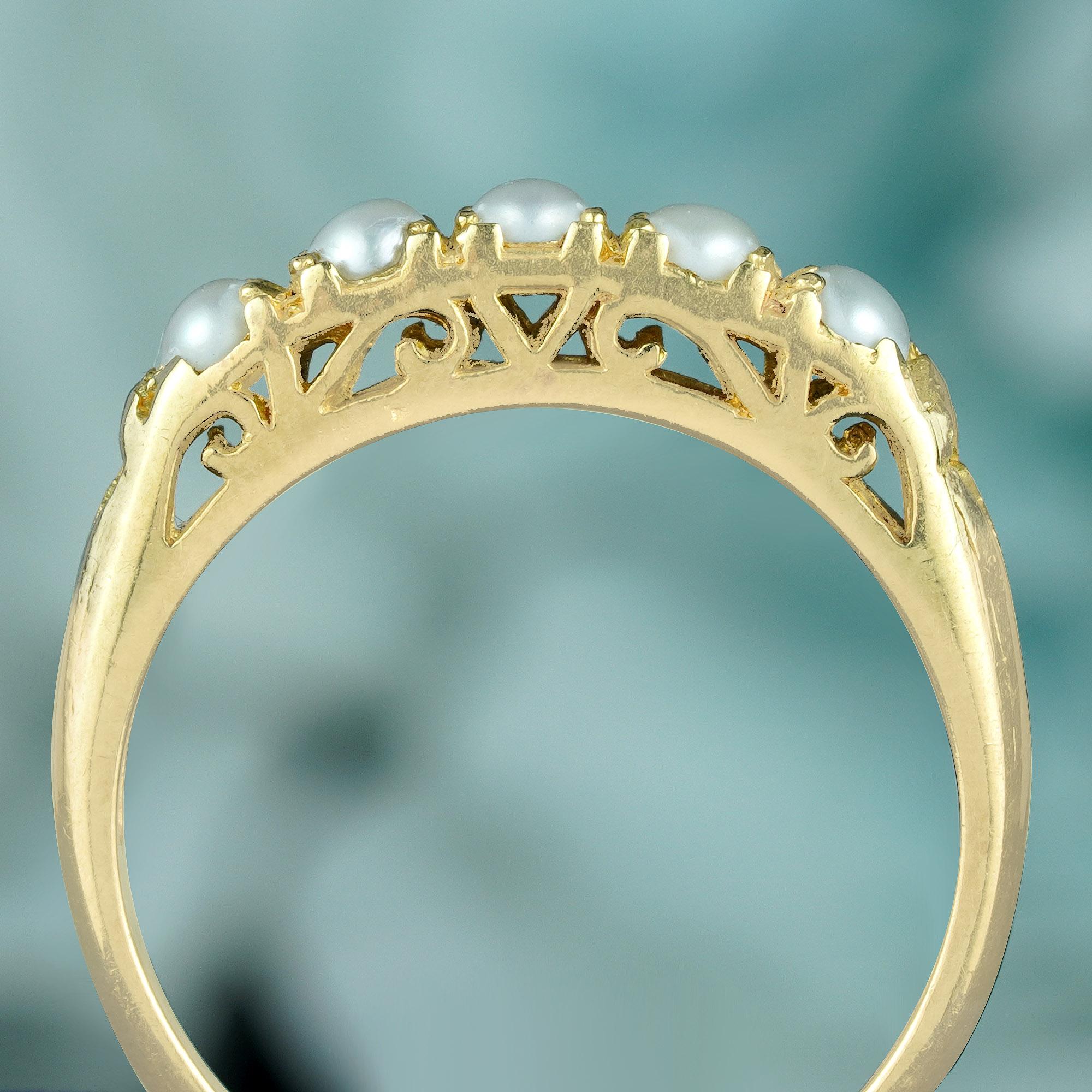 Natural Pearl Vintage Style Five Stone Ring in Solid 9K Yellow Gold In New Condition For Sale In Bangkok, TH