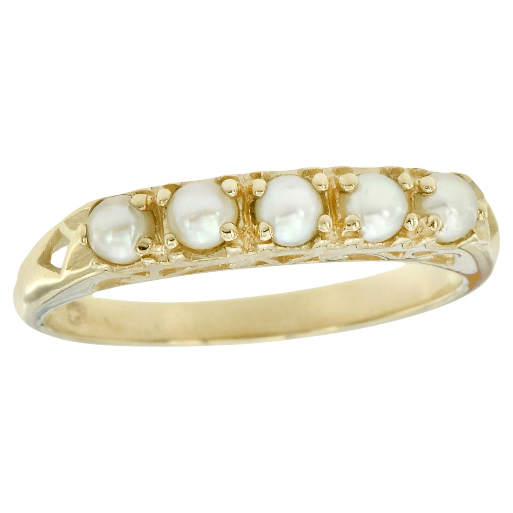 Natural Pearl Vintage Style Five Stone Ring in Solid 9K Yellow Gold For Sale