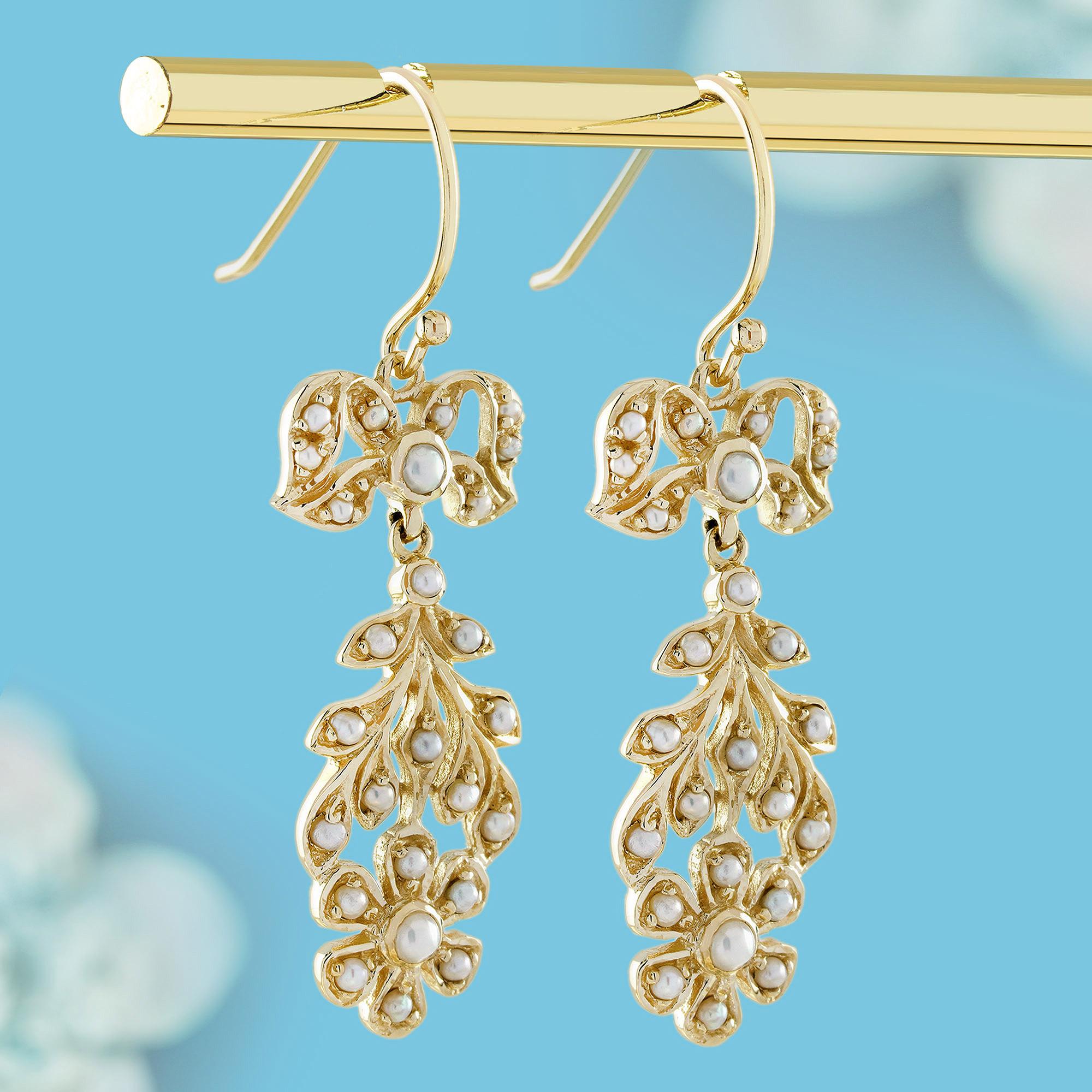 Edwardian Natural Pearl Vintage Style Floral Dangle Earrings in Solid 9K Gold For Sale