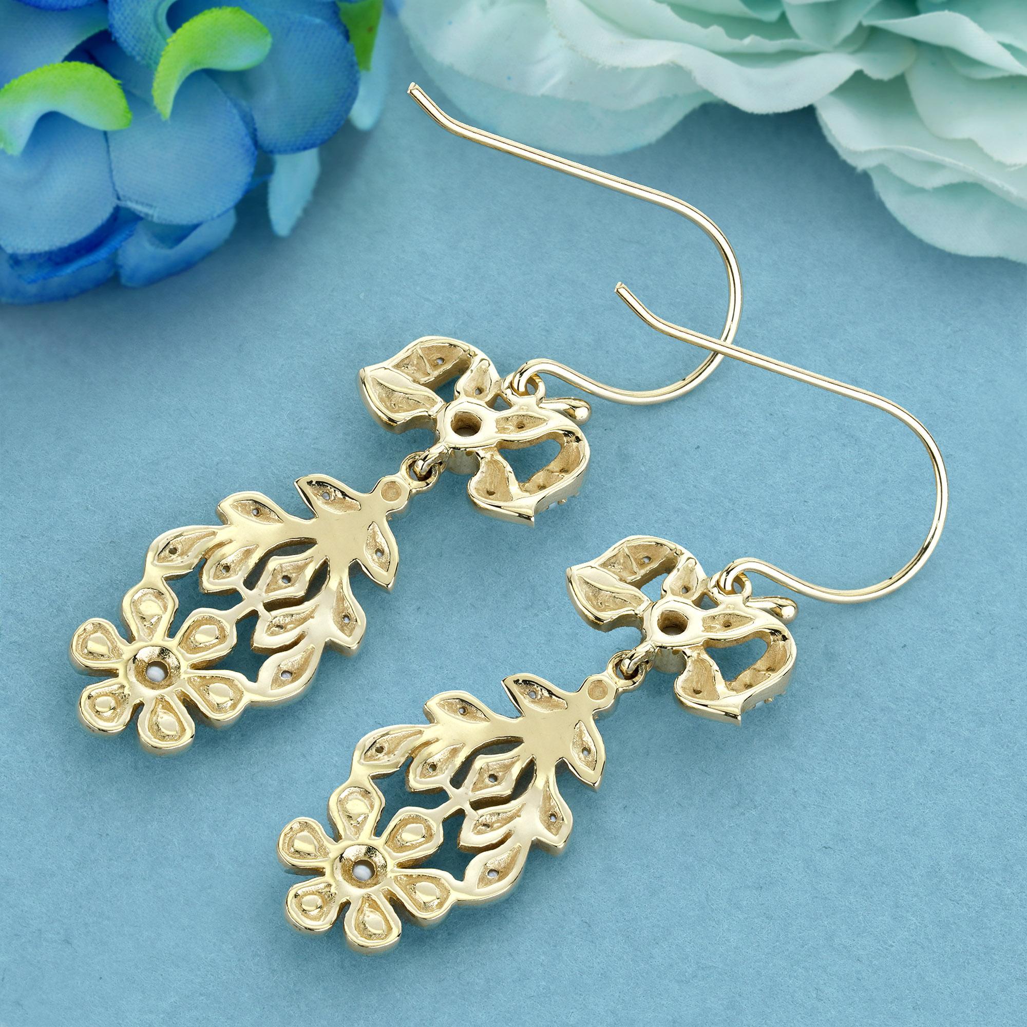 Round Cut Natural Pearl Vintage Style Floral Dangle Earrings in Solid 9K Gold For Sale