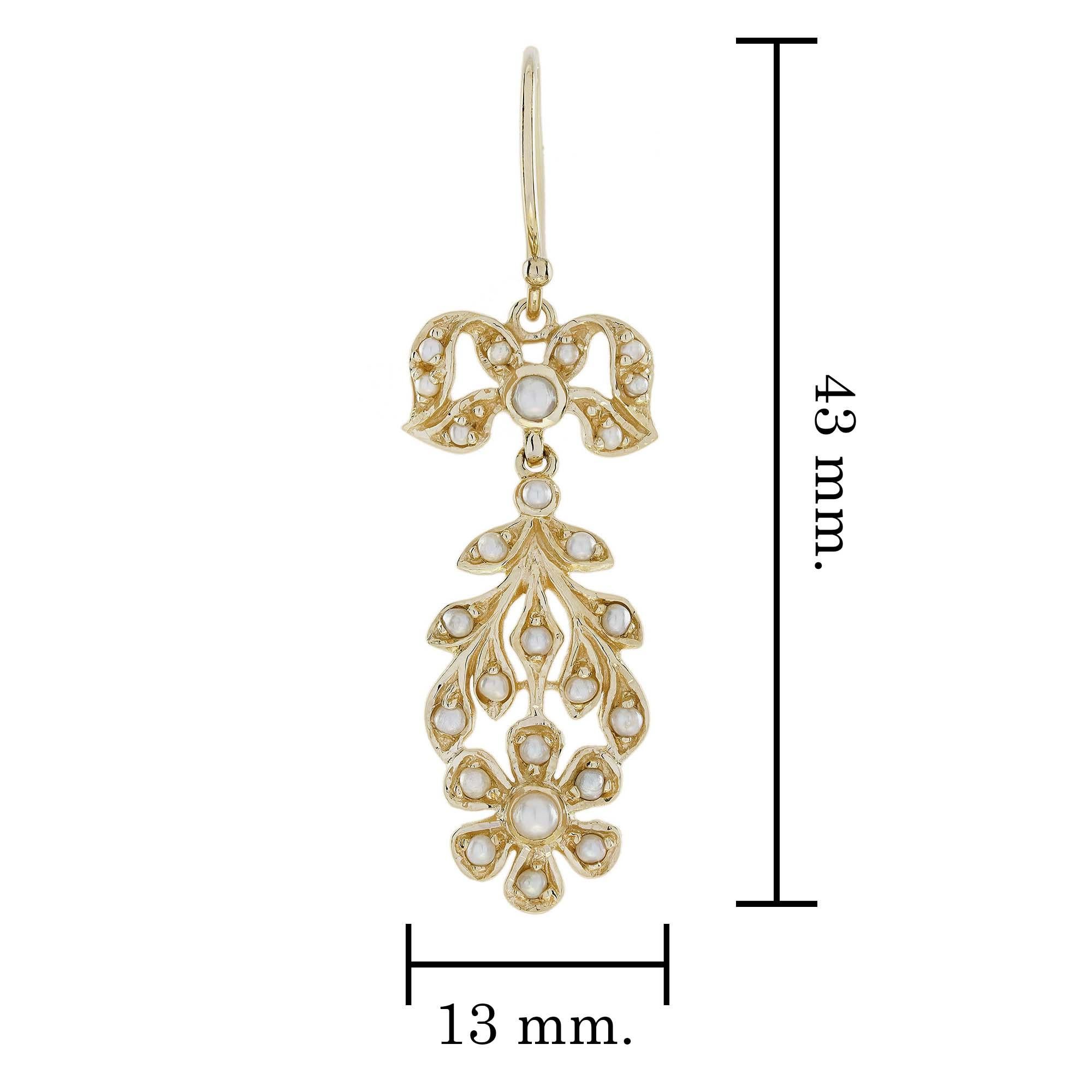 Natural Pearl Vintage Style Floral Dangle Earrings in Solid 9K Gold In New Condition For Sale In Bangkok, TH