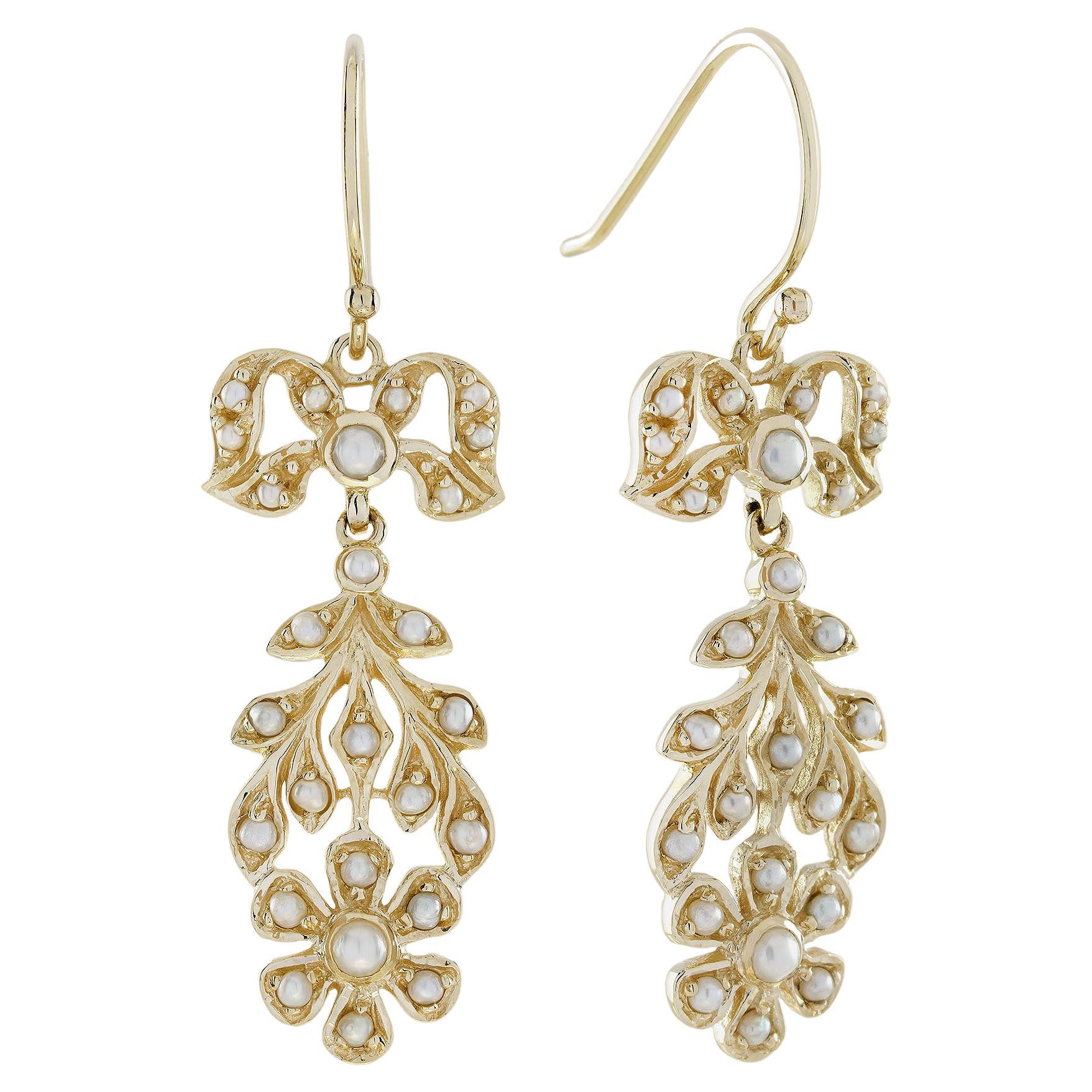 Natural Pearl Vintage Style Floral Dangle Earrings in Solid 9K Gold
