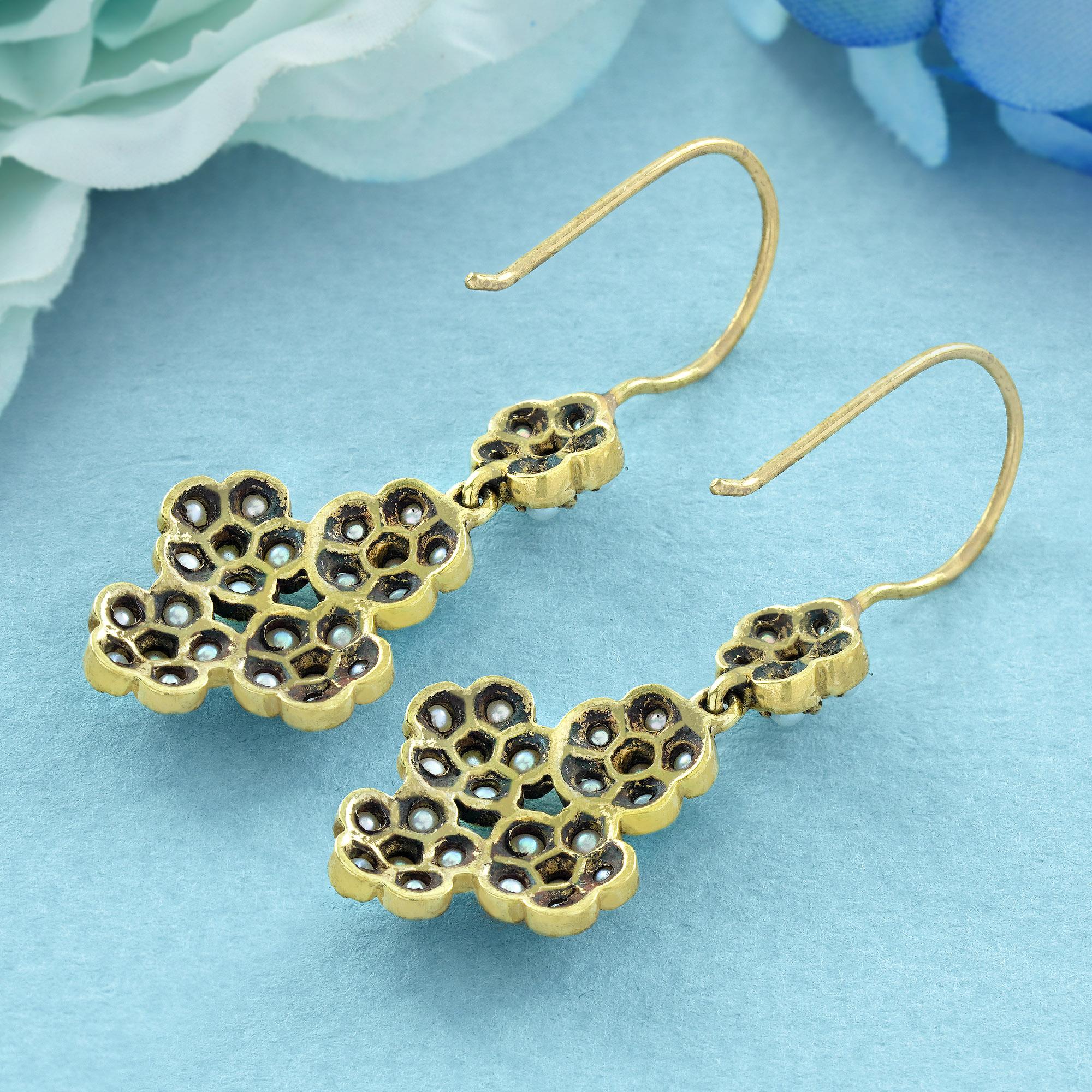 Round Cut Natural Pearl Vintage Style Floral Earrings in Solid 9K Yellow Gold For Sale