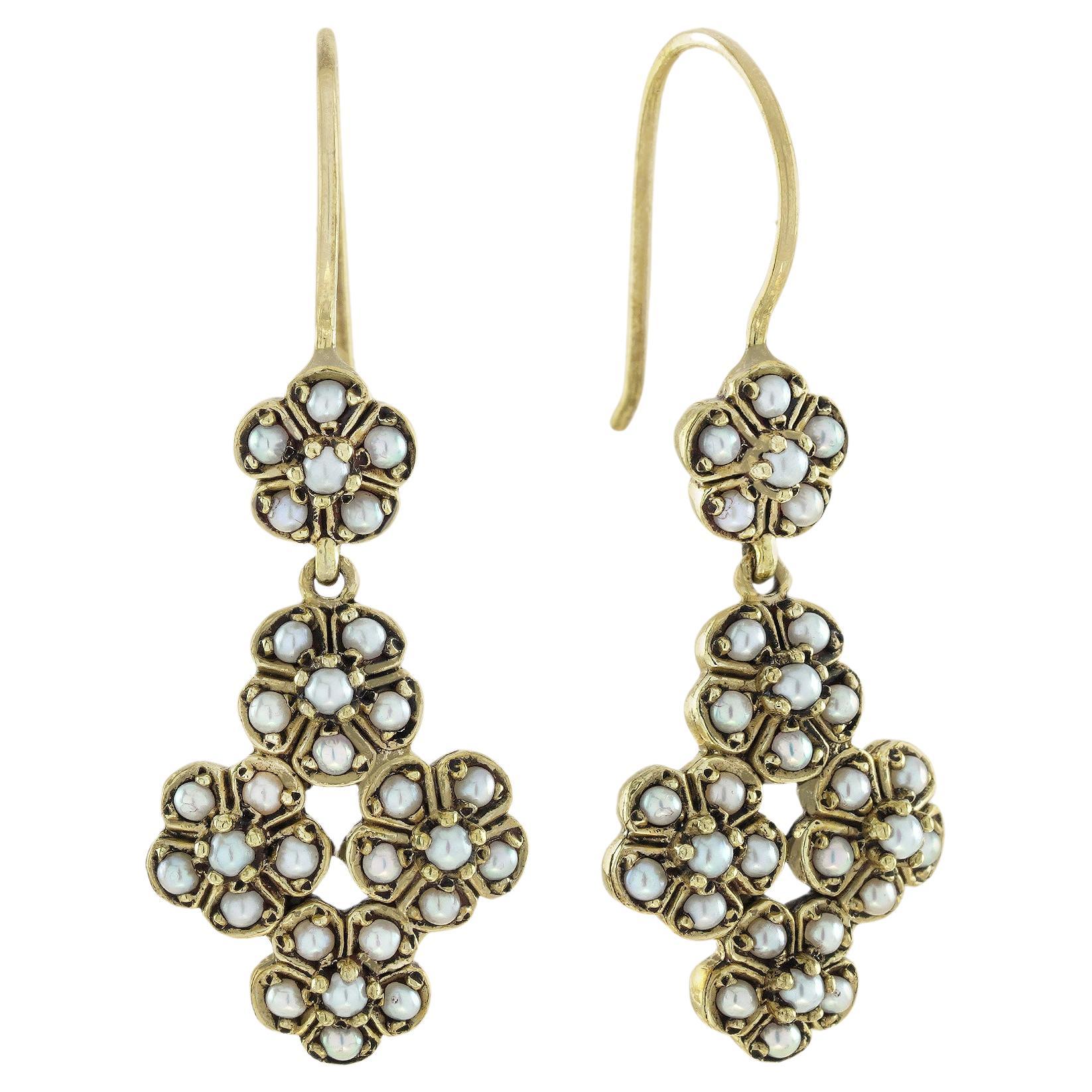 Natural Pearl Vintage Style Floral Earrings in Solid 9K Yellow Gold For Sale