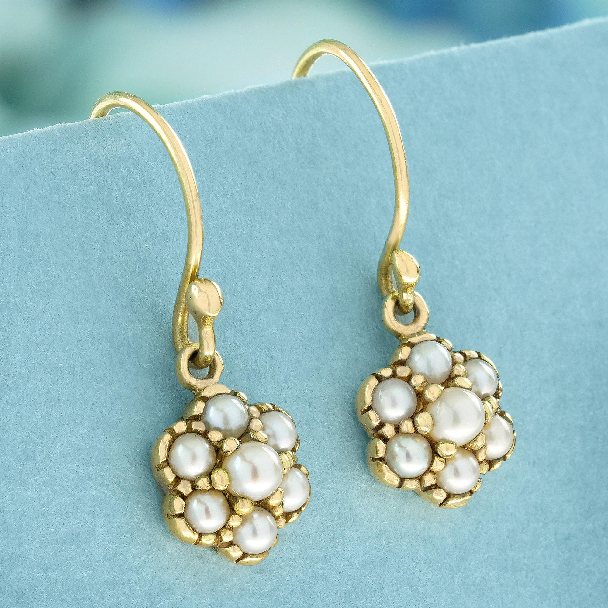 Vintage-Cluster-Ohrringe aus massivem 9 Karat Gold mit natürlichen Perlen im viktorianischen Stil und Blumenmuster (Viktorianisch) im Angebot