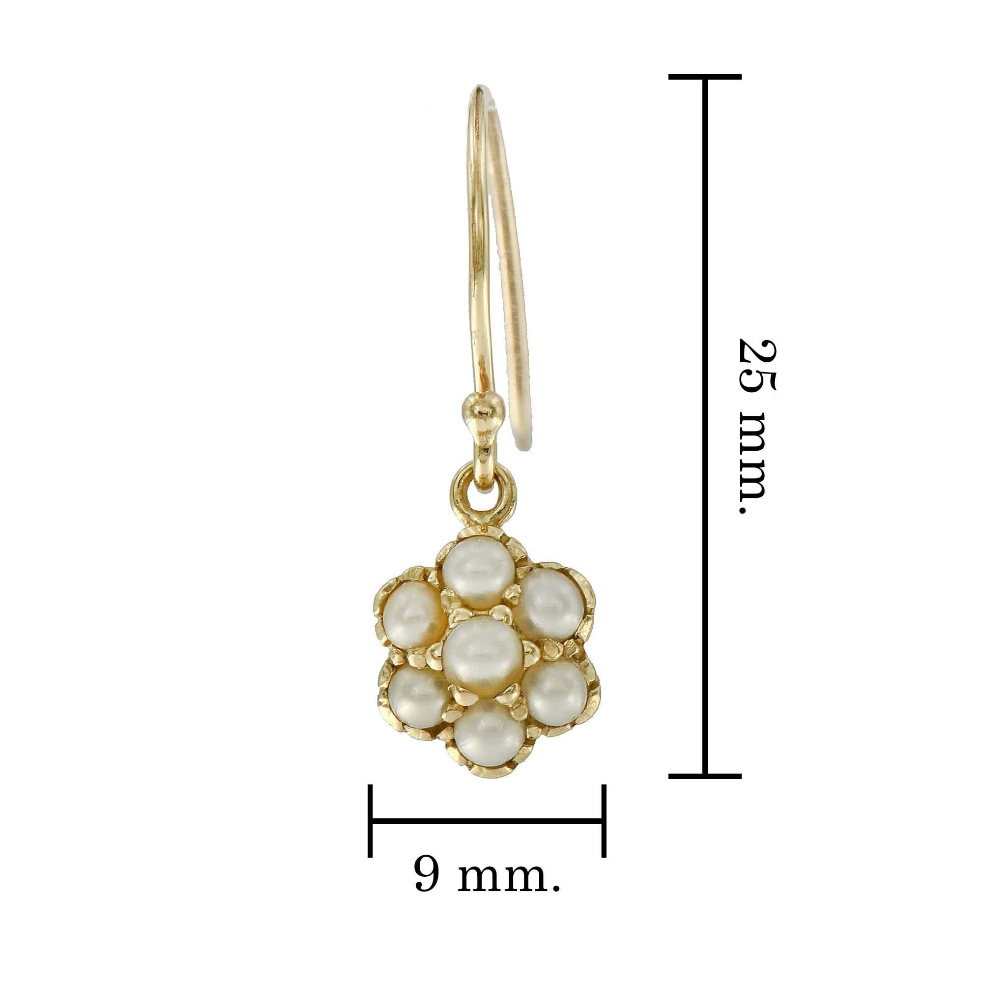 Women's Natural Pearl Vintage Victorian Style Floral Cluster Earrings in Solid 9K Gold For Sale