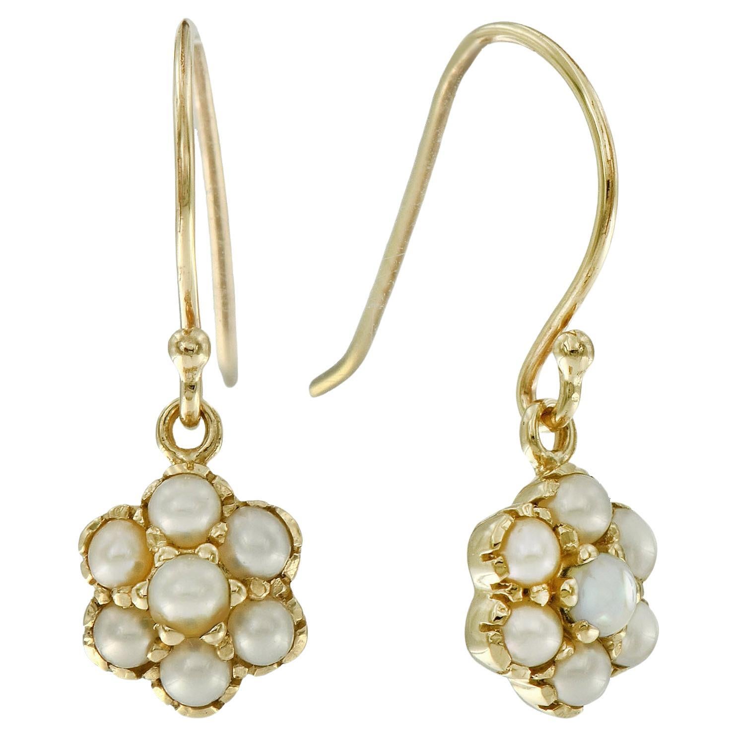 Natural Pearl Vintage Victorian Style Floral Cluster Earrings in Solid 9K Gold For Sale