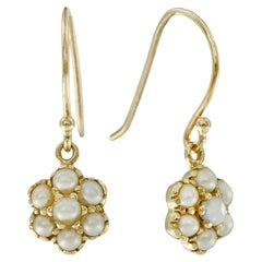 Vintage-Cluster-Ohrringe aus massivem 9 Karat Gold mit natürlichen Perlen im viktorianischen Stil und Blumenmuster