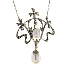 Natural Pearl White Sapphire Edwardian Style Floral Necklace in 9K Yellow Gold