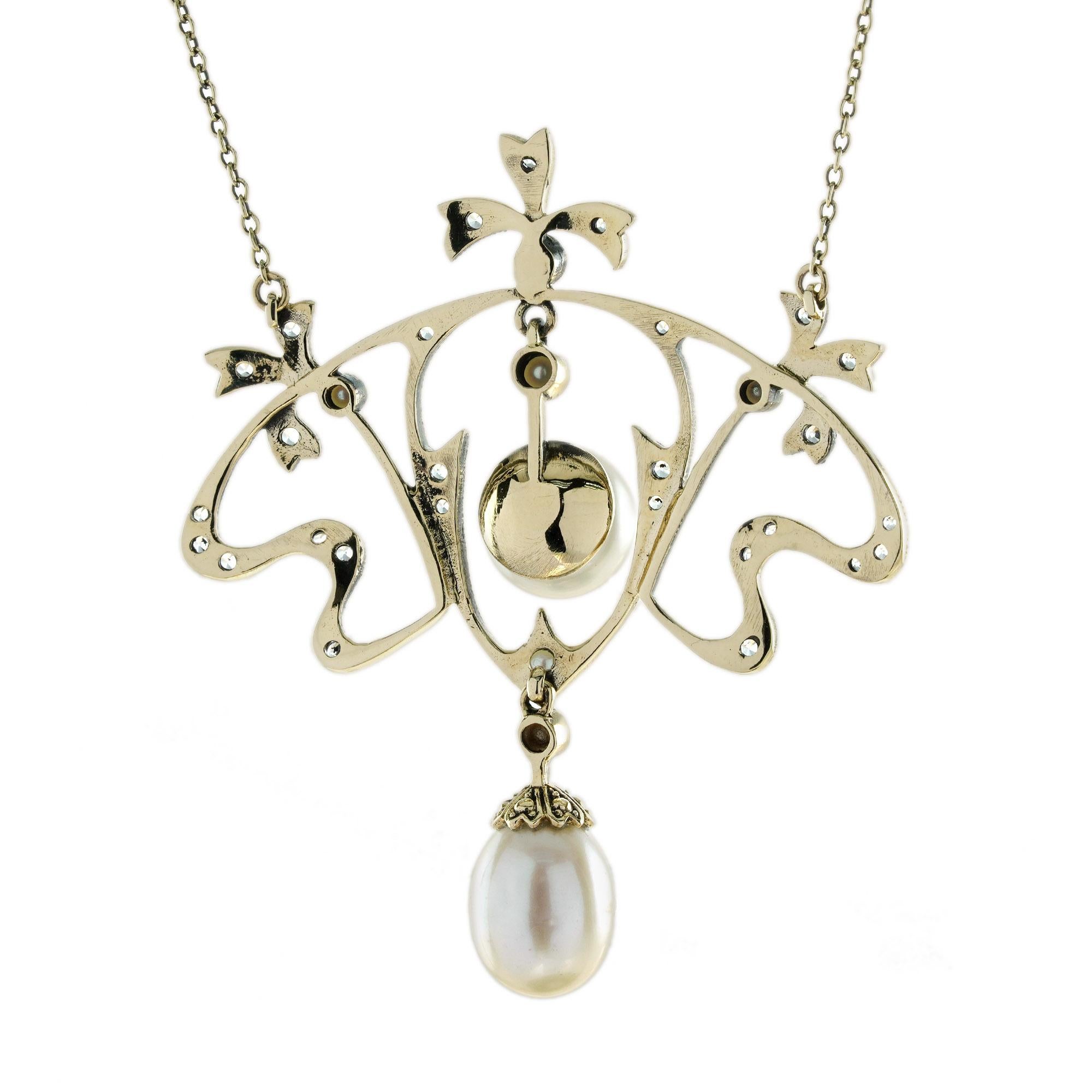 Art Deco Natural Pearl White Sapphire Edwardian Style Floral Necklace in 9K Yellow Gold For Sale