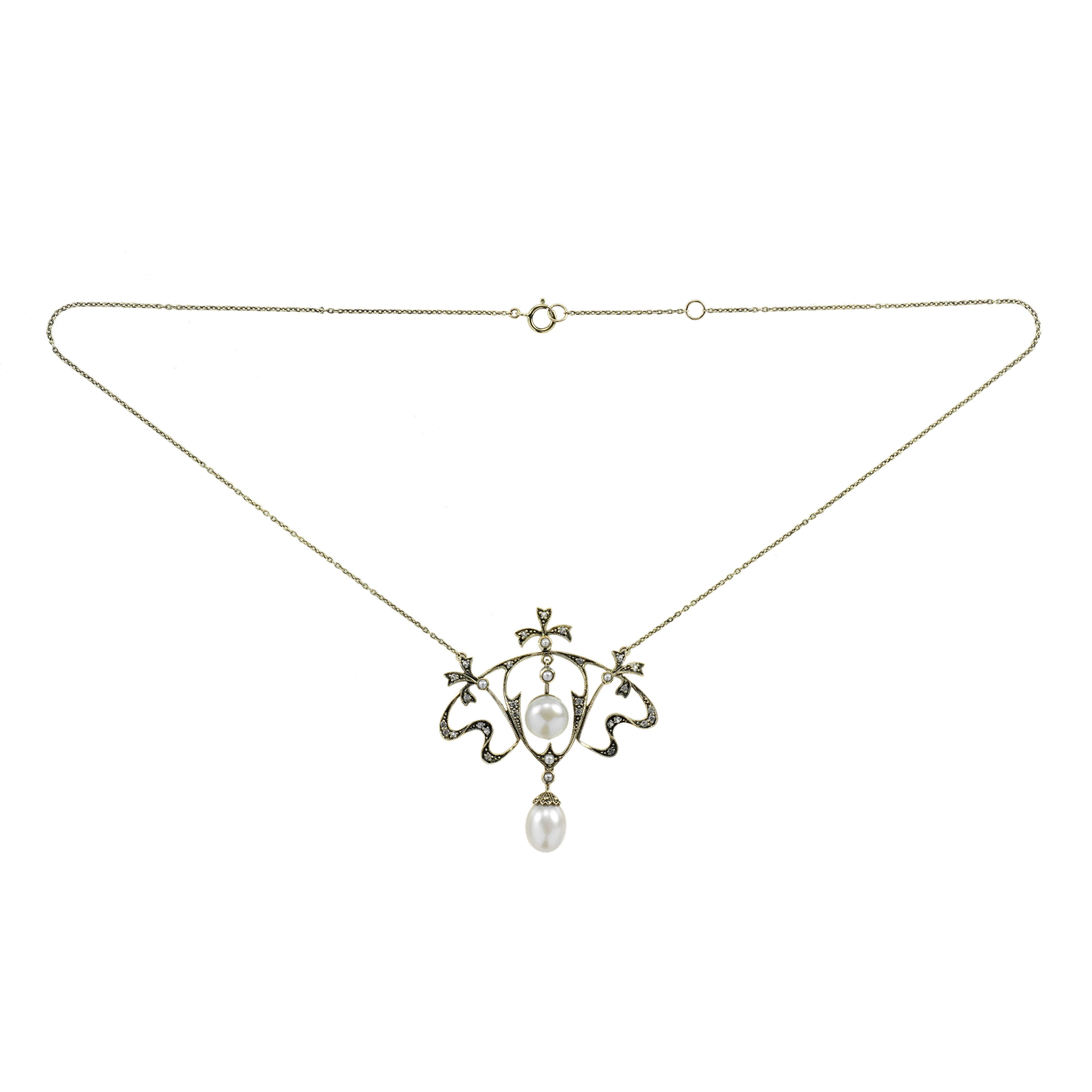 Oval Cut Natural Pearl White Sapphire Edwardian Style Floral Necklace in 9K Yellow Gold For Sale