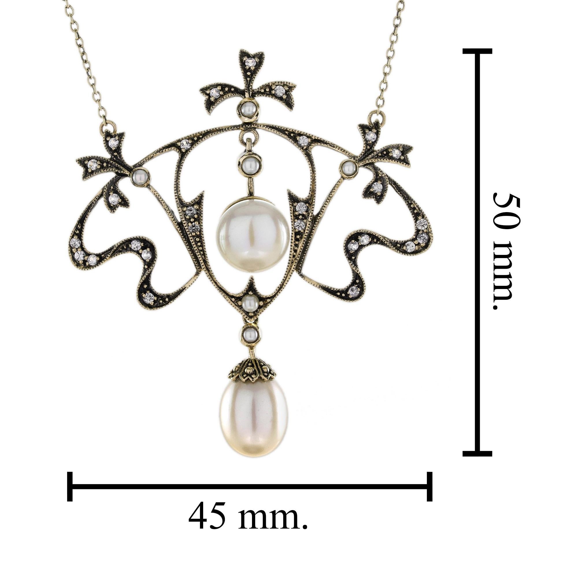 Women's Natural Pearl White Sapphire Edwardian Style Floral Necklace in 9K Yellow Gold For Sale