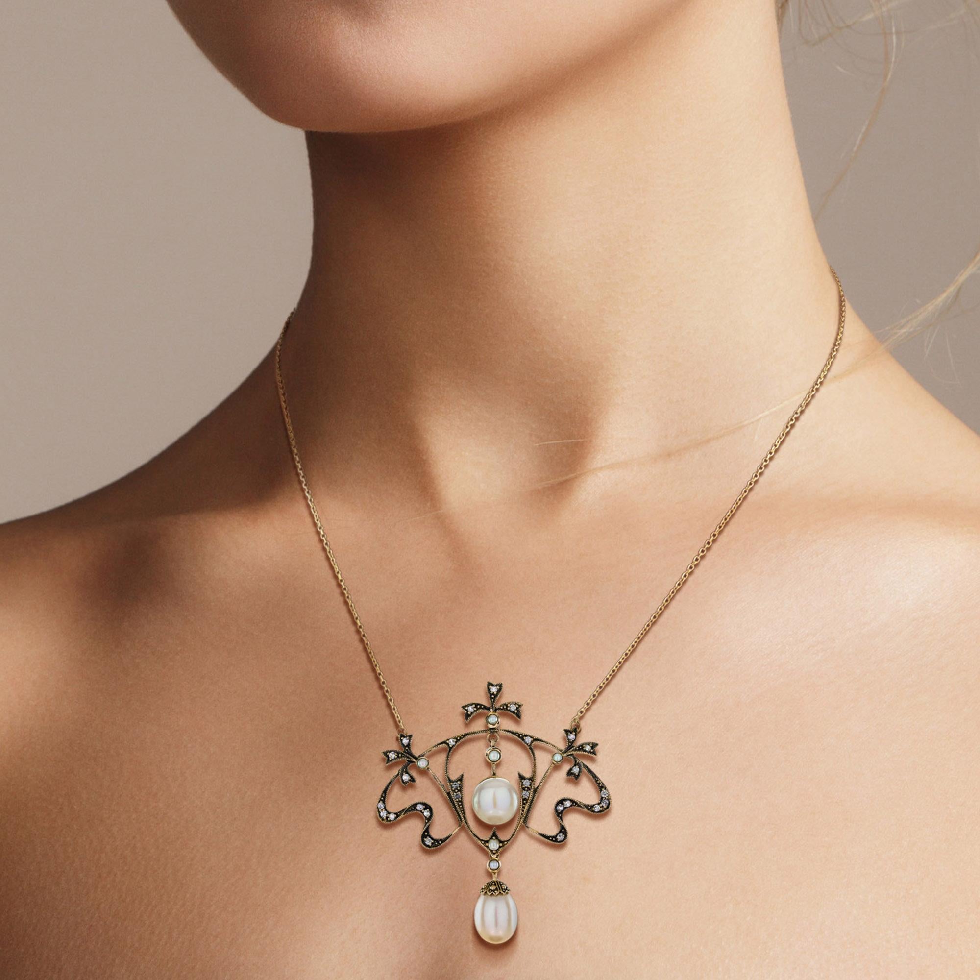 Natural Pearl White Sapphire Edwardian Style Floral Necklace in 9K Yellow Gold For Sale 1