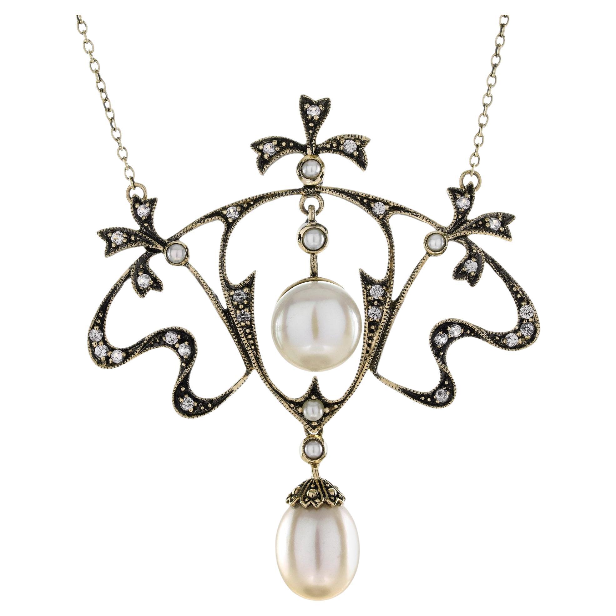Natural Pearl White Sapphire Edwardian Style Floral Necklace in 9K Yellow Gold For Sale