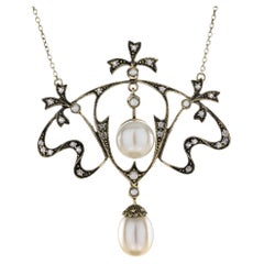 Natural Pearl White Sapphire Edwardian Style Floral Necklace in 9K Yellow Gold