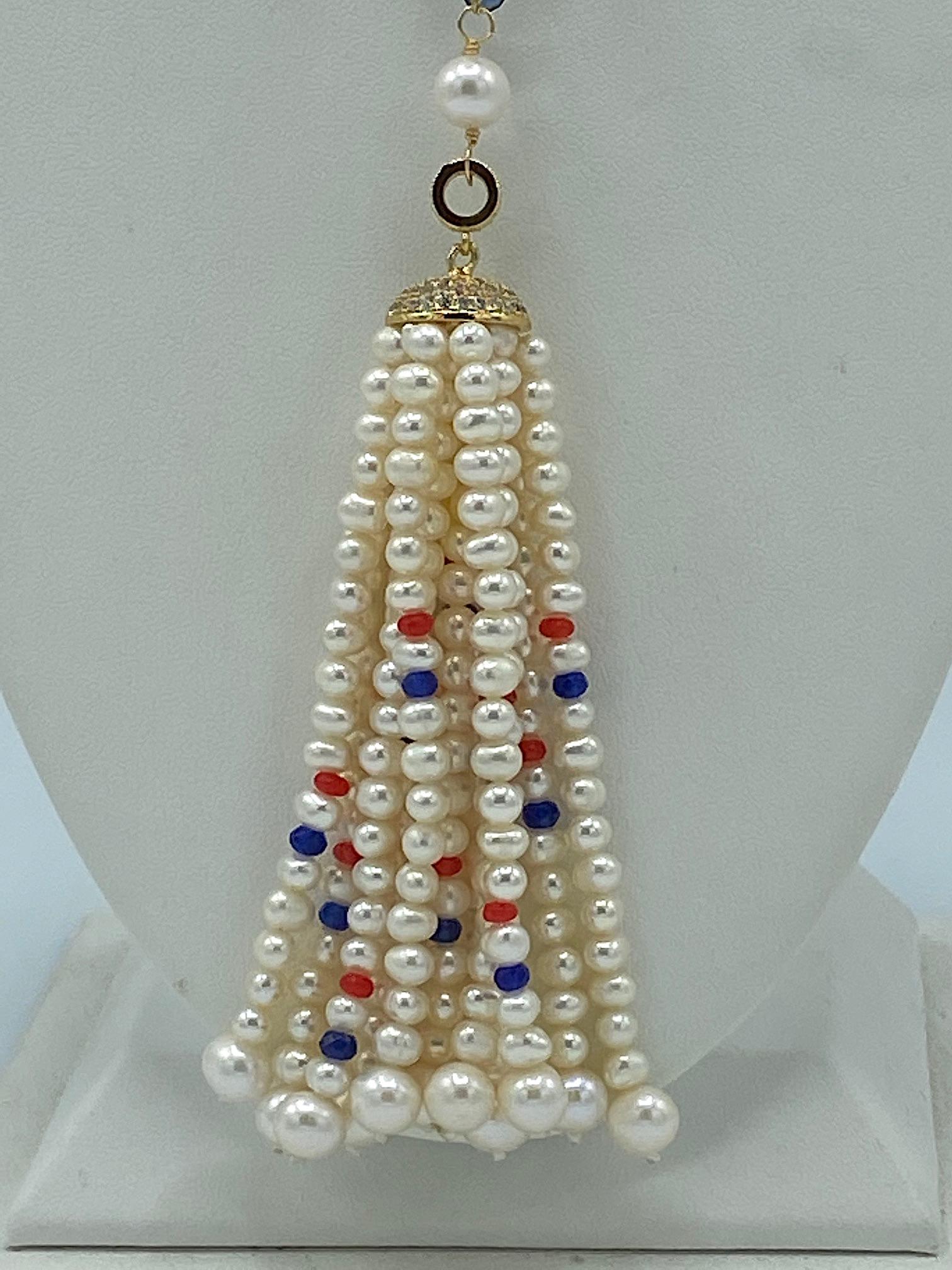 Natural Pearl with Ruby, Sapphire and Crystal bead Tassel Necklace 12