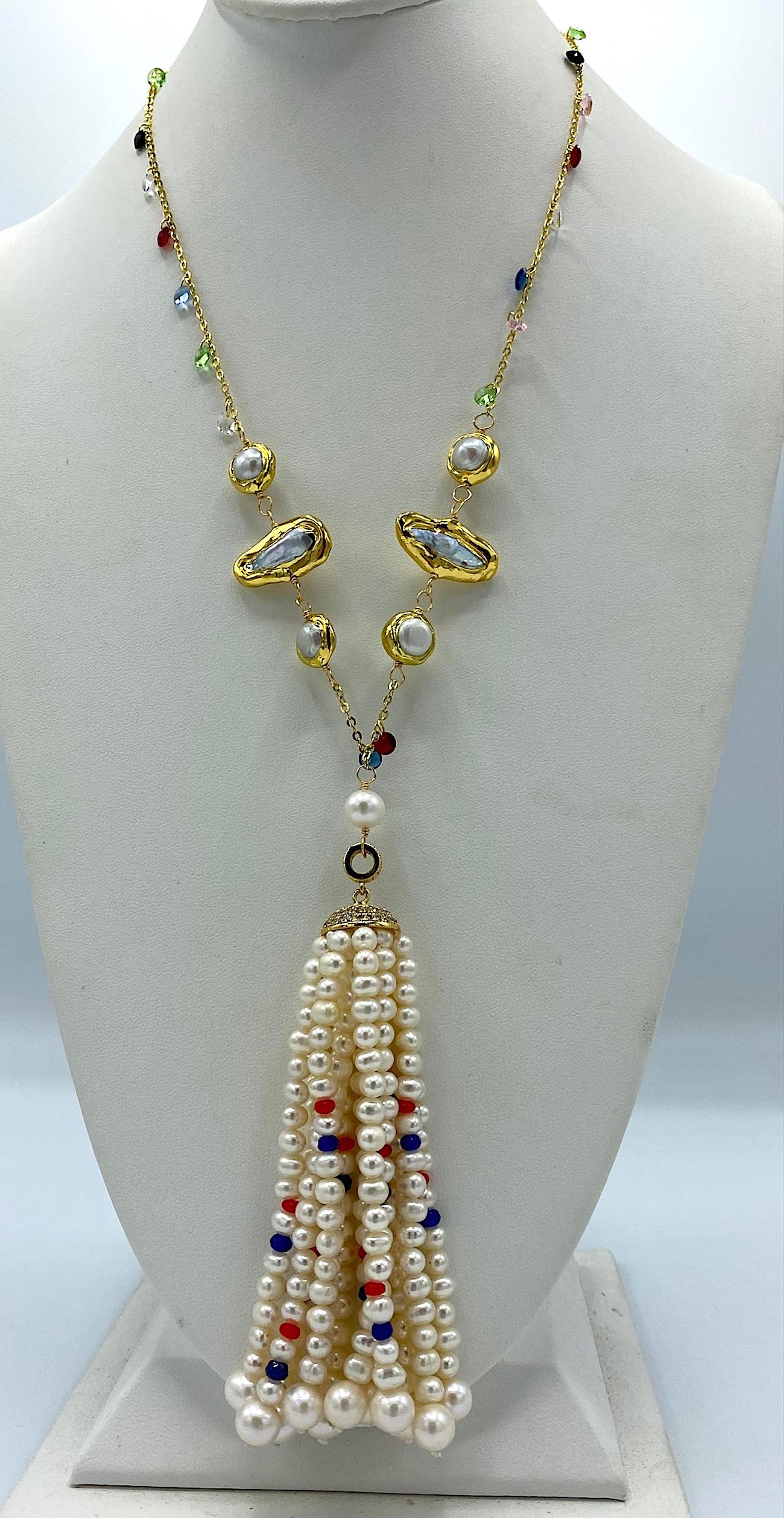 Briolette Cut Natural Pearl with Ruby, Sapphire and Crystal bead Tassel Necklace