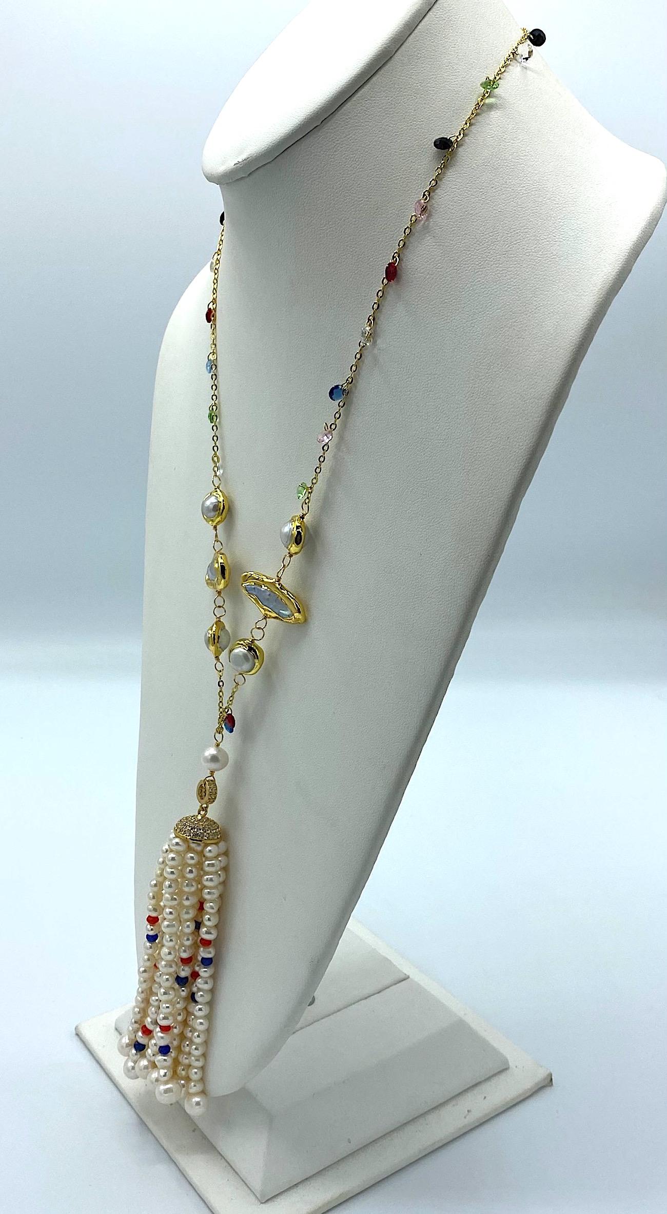 Natural Pearl with Ruby, Sapphire and Crystal bead Tassel Necklace In Good Condition In New York, NY