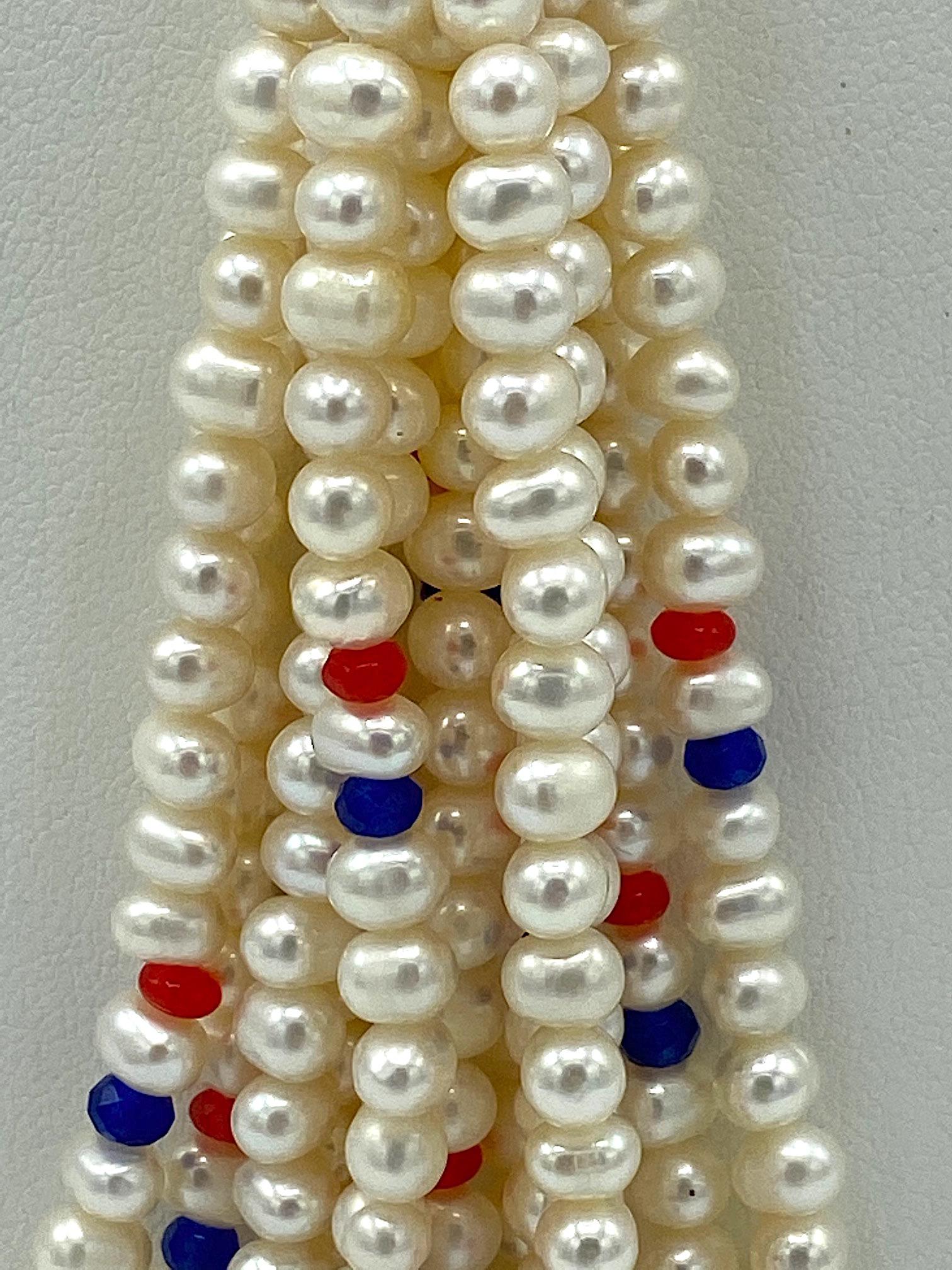 Natural Pearl with Ruby, Sapphire and Crystal bead Tassel Necklace 1