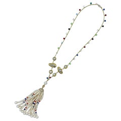 Natural Pearl with Ruby, Sapphire and Crystal bead Tassel Necklace