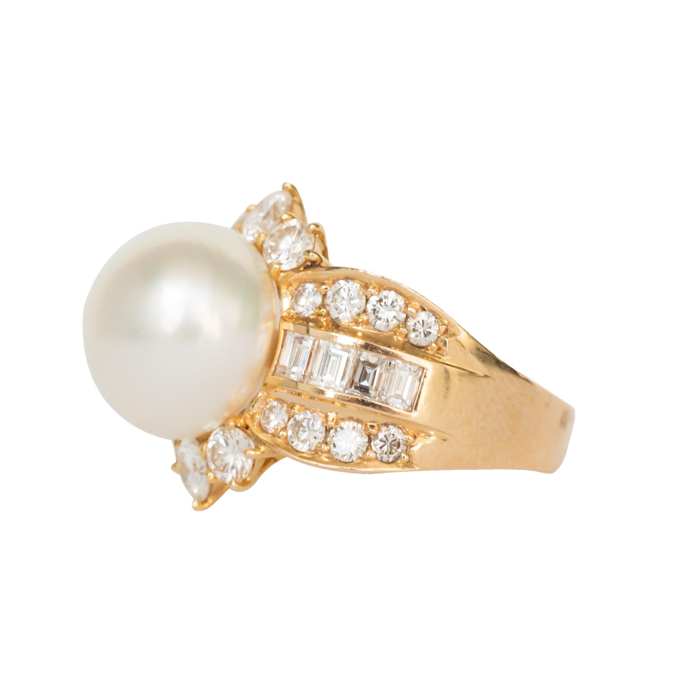 Designer: Kwiat 
Item Details: 
Ring Size: 6.95
Metal Type: Yellow Gold
Weight: 11 grams

Center Diamond Details
Shape: Natural Pearl
MM Weight: 12.7mm
AAA+Quality. Excellent Luster

Side Stone Details: 
Shape: Round Brilliant 
Total Carat Weight: