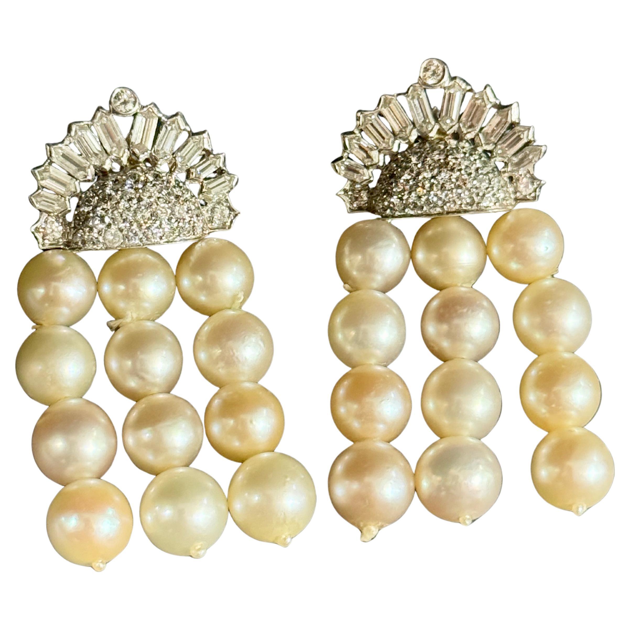 Pendientes colgantes de perlas naturales y diamantes