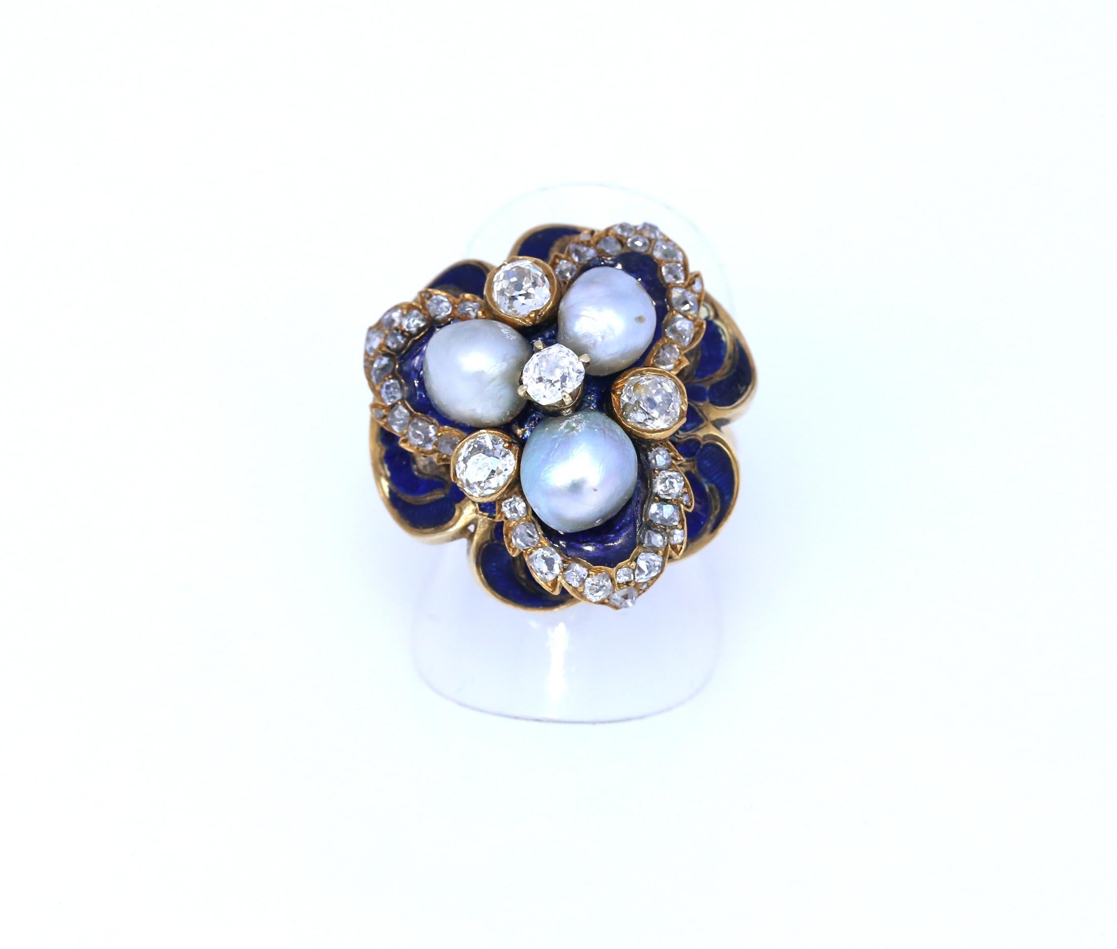 Natural Pearls Blue Enamel Ring Diamond Gold European, 1930
Natural Pearls Enamel Diamond Gold Ring. European, was created in 1930. 
Very delicate craftsmen working. As Blue Enamel on uneven Gold surfaces is a very hard task, managed only by the