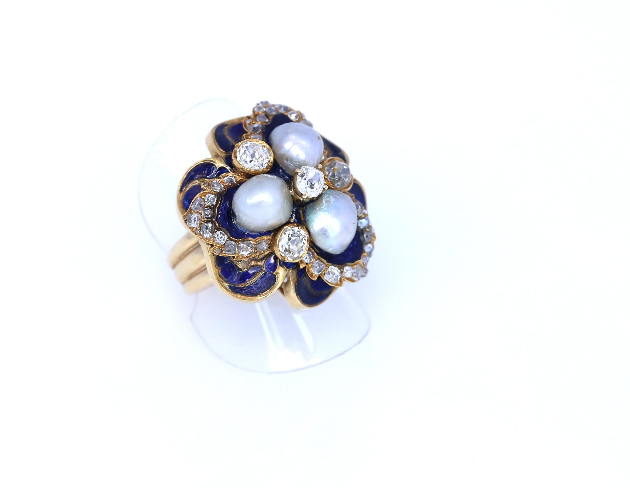 Round Cut Natural Pearls Blue Enamel Ring Diamond Gold European, 1930 For Sale