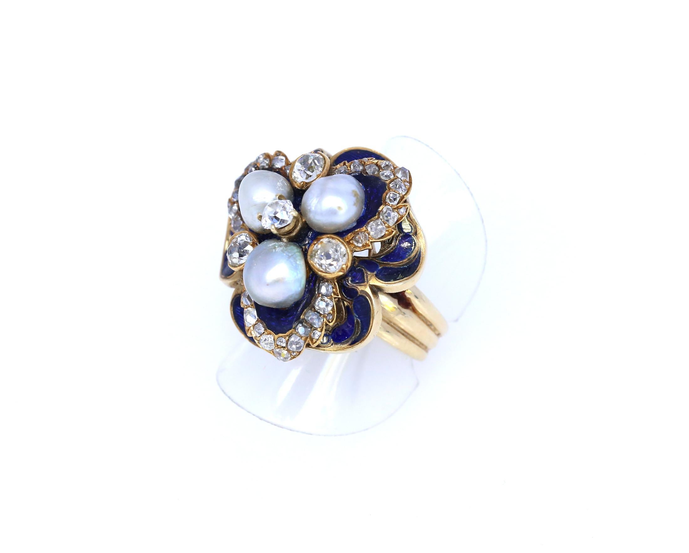Natural Pearls Blue Enamel Ring Diamond Gold European, 1930 In Good Condition For Sale In Herzelia, Tel Aviv