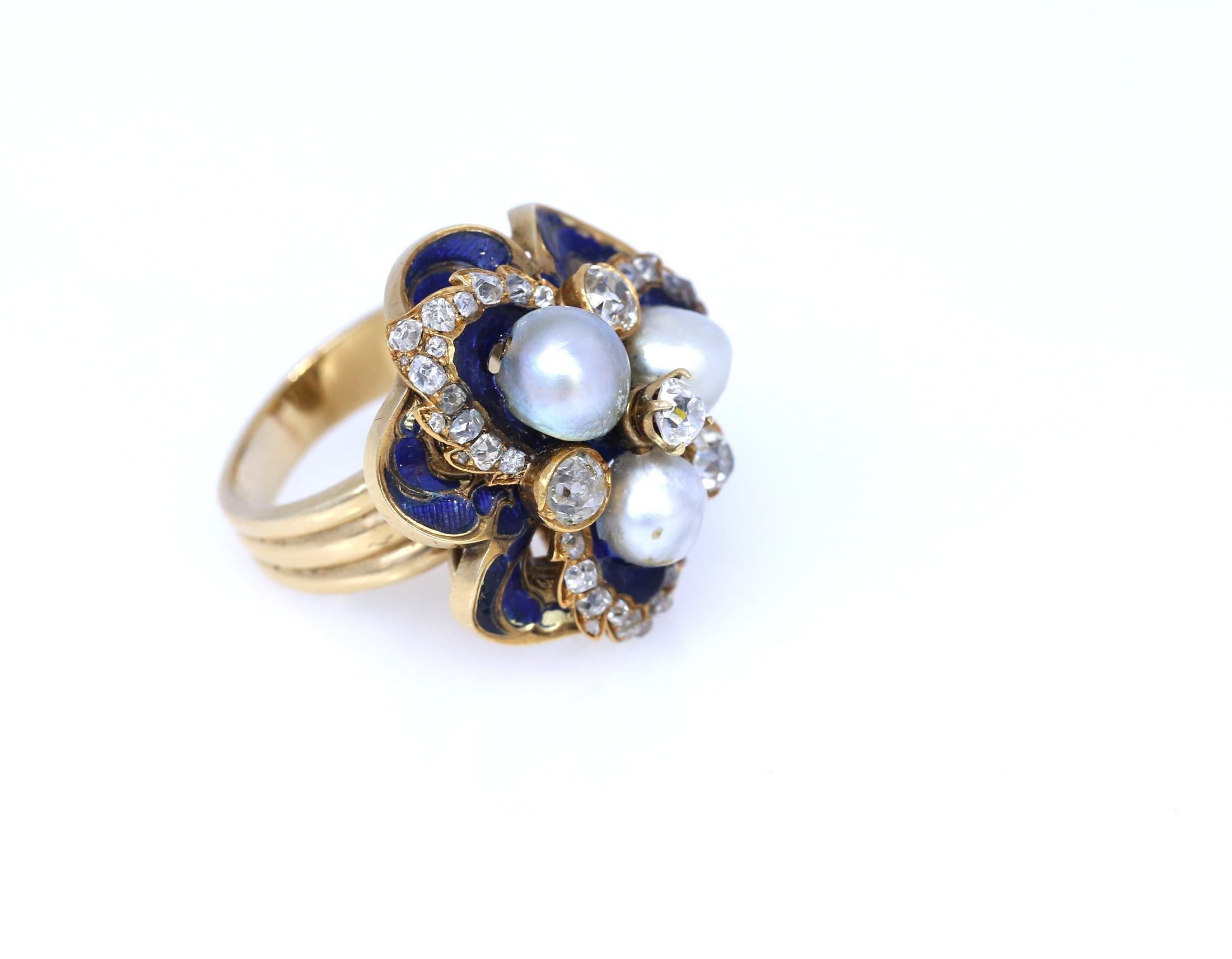 Natural Pearls Blue Enamel Ring Diamond Gold European, 1930 For Sale 1