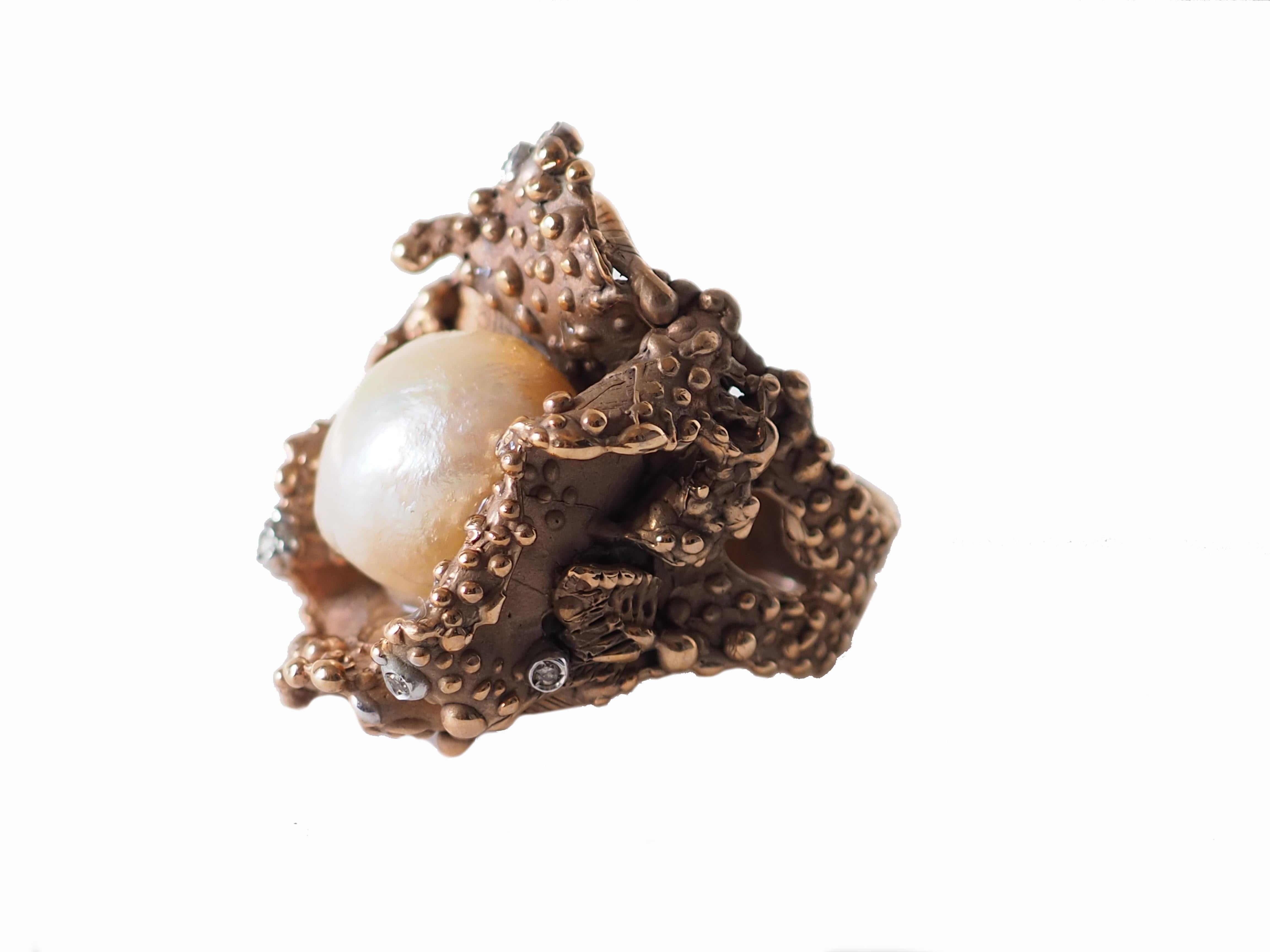 Women's or Men's Natural Pearls Diamonds Bronze Ring For Sale