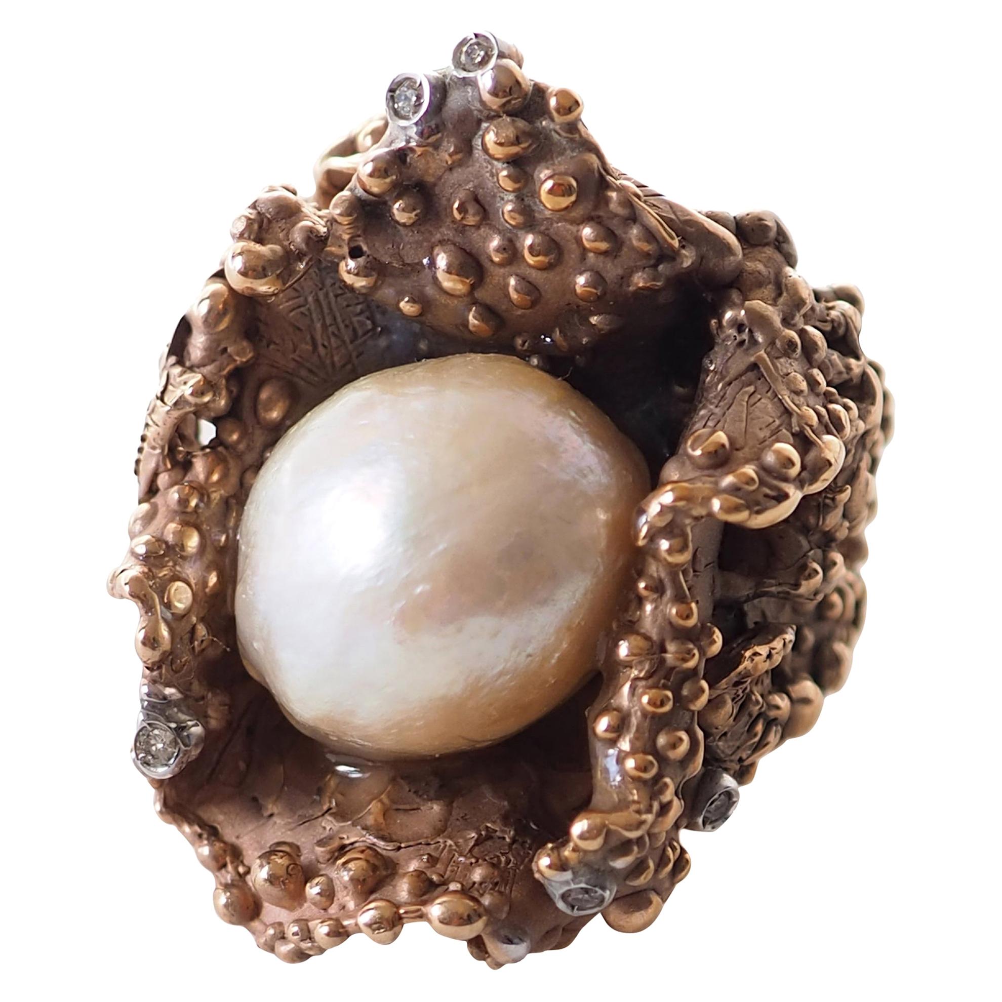 Bague en bronze avec perles naturelles et diamants
