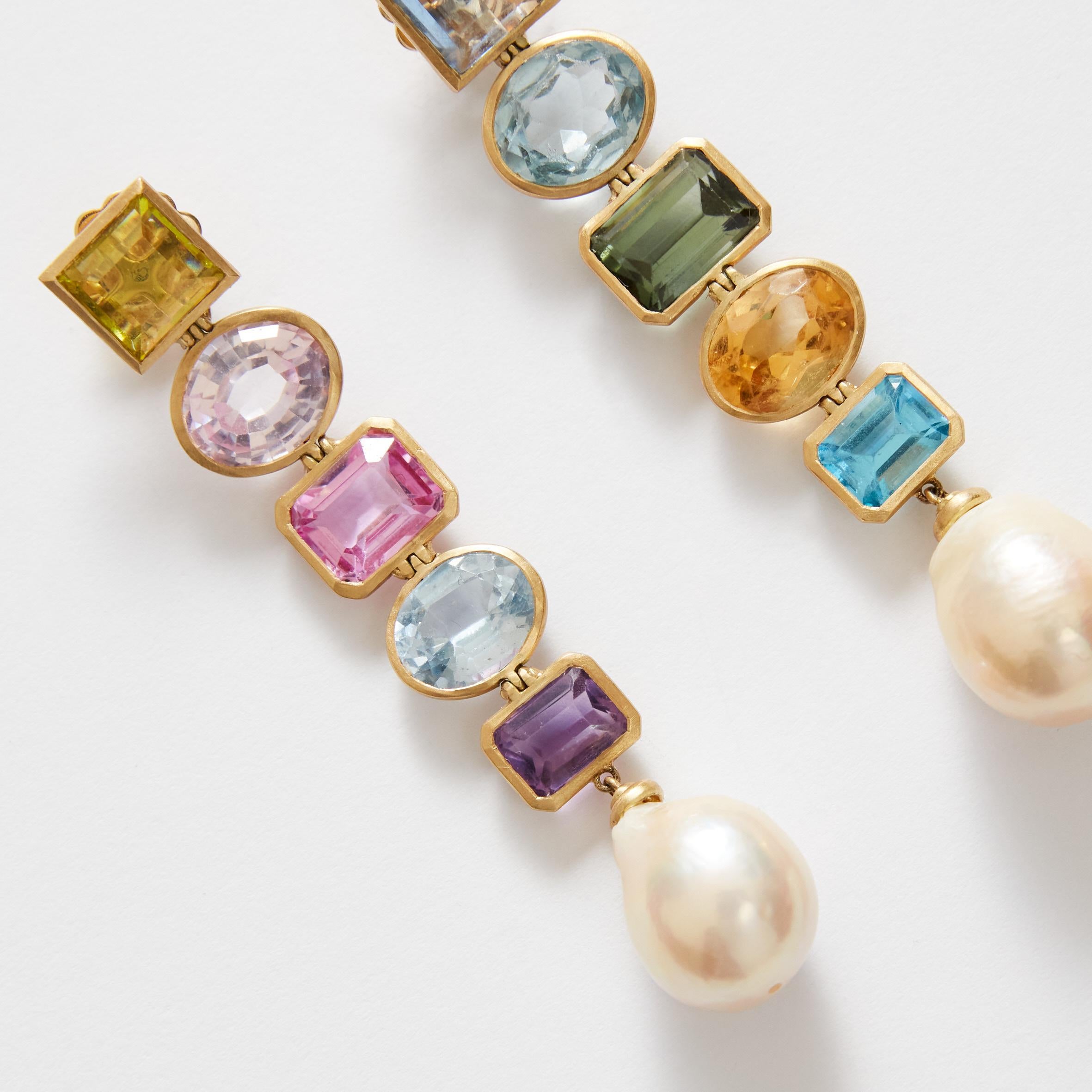 Natural Pearls Tourmaline Citrine Peridot Sapphire 18 Karat Gold Earrings For Sale 6