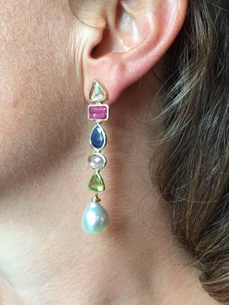 Artisan Natural Pearls Tourmaline Citrine Peridot Sapphire 18 Karat Gold Earrings For Sale