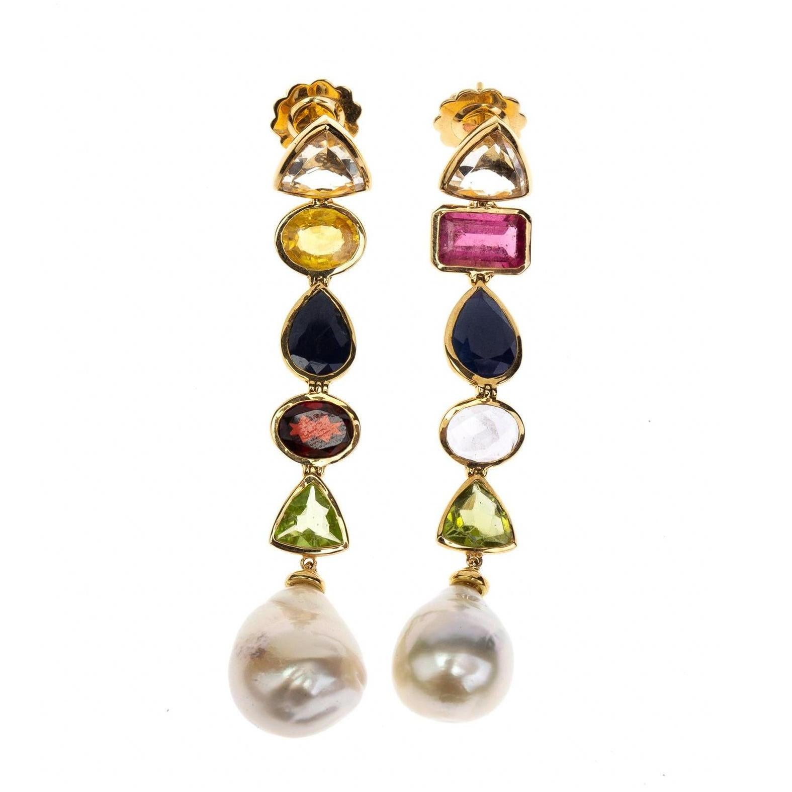Mixed Cut Natural Pearls Tourmaline Citrine Peridot Sapphire 18 Karat Gold Earrings For Sale