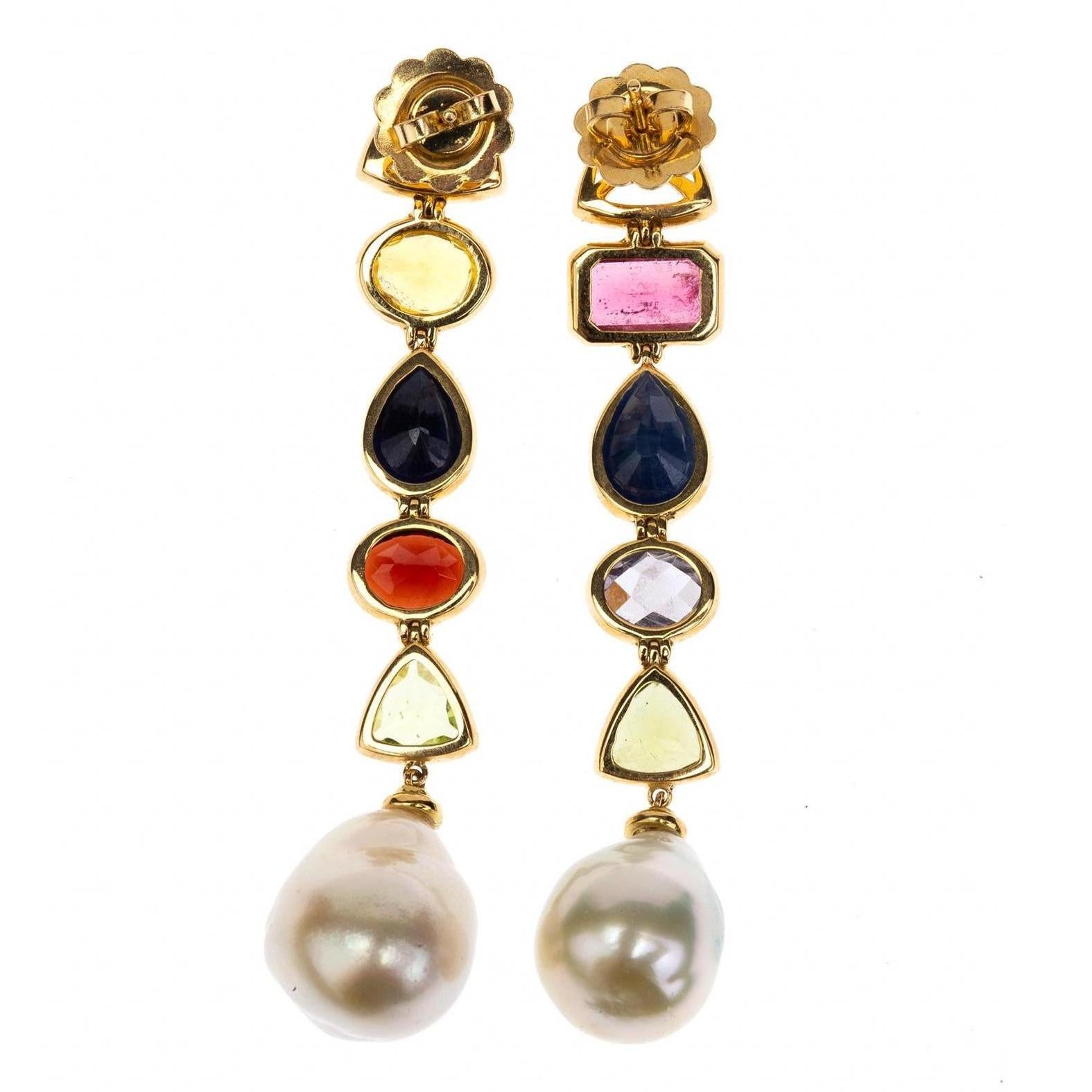 Natural Pearls Tourmaline Citrine Peridot Sapphire 18 Karat Gold Earrings In New Condition For Sale In Milan, IT