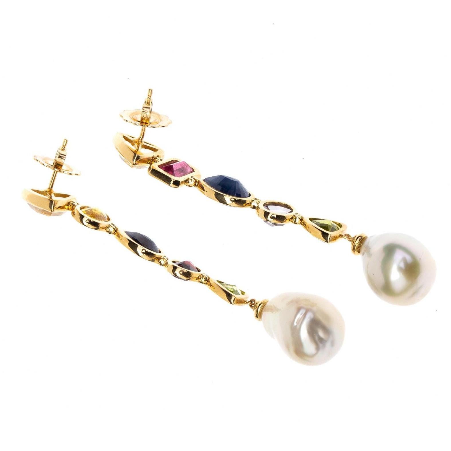 Women's or Men's Natural Pearls Tourmaline Citrine Peridot Sapphire 18 Karat Gold Earrings For Sale